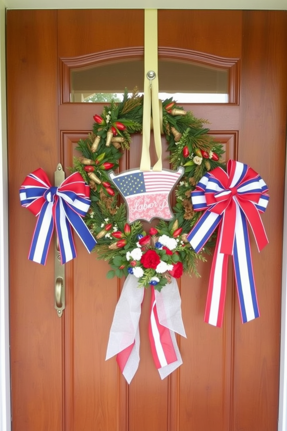 A charming front door adorned with festive ribbon bows tied elegantly on the handles. The vibrant colors of the ribbons pop against the rich wood of the door, creating a welcoming atmosphere for guests. For Labor Day, the entrance features a patriotic theme with red, white, and blue decorations. A tasteful wreath made of seasonal flowers complements the festive bows, enhancing the holiday spirit.