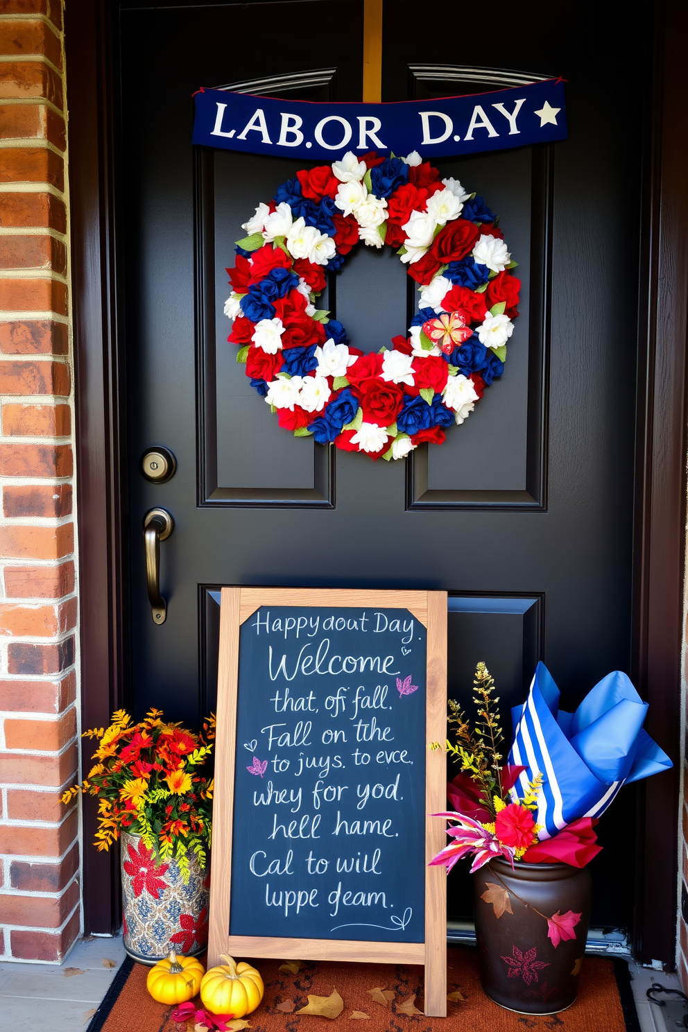 A charming chalkboard sign is placed at the entrance, featuring handwritten welcoming messages in elegant script. Surrounding the sign are colorful fall decorations, including small pumpkins and vibrant autumn leaves. For Labor Day, the front door is adorned with a festive wreath made of red, white, and blue flowers and ribbons. A decorative banner hangs above the door, celebrating the holiday with cheerful phrases and stars.