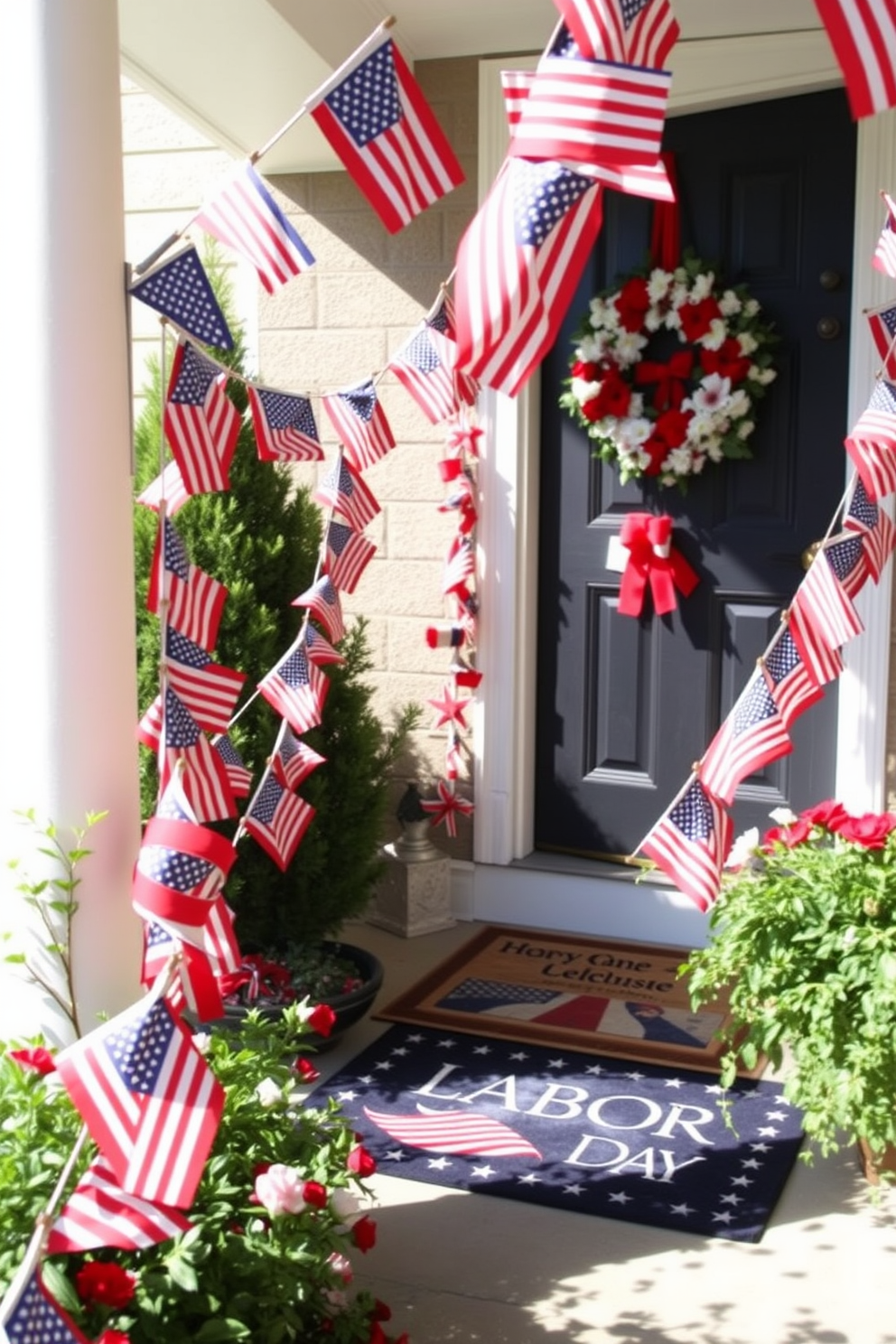 A charming walkway adorned with miniature flags in vibrant colors, creating a festive atmosphere. The flags flutter gently in the breeze, guiding guests to the front door. The front door is elegantly decorated for Labor Day, featuring a wreath made of red, white, and blue flowers. A welcome mat with a patriotic design sits at the entrance, inviting visitors to celebrate the holiday.