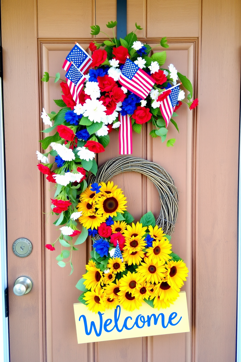 A patriotic themed door swag featuring red white and blue flowers intertwined with greenery. The swag is adorned with small American flags and hangs elegantly across the top of a rustic wooden door. For Labor Day front door decorating ideas consider a vibrant wreath made of sunflowers and seasonal leaves. Complement the wreath with a welcome sign painted in bold colors that captures the spirit of the holiday.