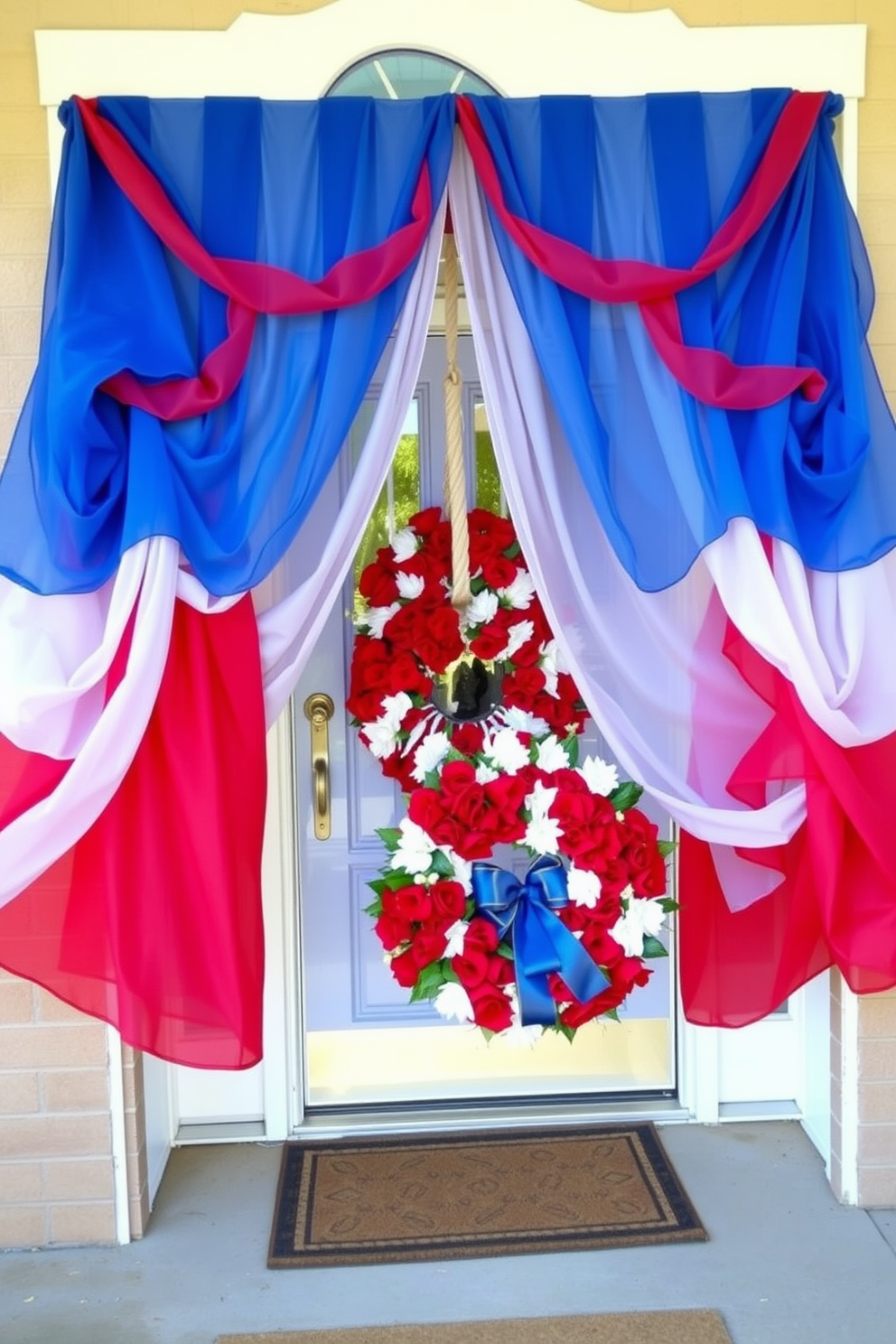 A vibrant display of red white and blue door curtains frames the entrance, creating a festive atmosphere for Labor Day celebrations. The curtains billow gently in the breeze, adding a touch of elegance and patriotism to the front porch. The front door is adorned with a cheerful Labor Day wreath made of red and white flowers, accented with blue ribbons. This inviting decor sets the tone for a warm welcome, celebrating the spirit of the holiday.