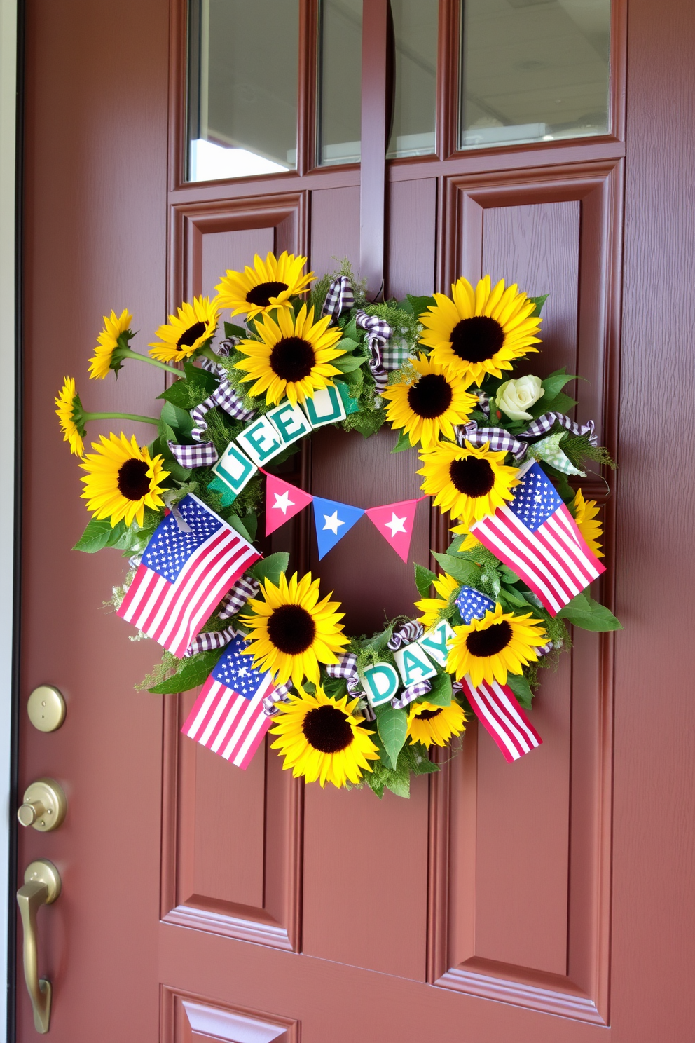 A vibrant seasonal wreath adorned with bright sunflowers and playful flags hangs on a welcoming front door. The wreath adds a cheerful touch to the entrance, celebrating the spirit of Labor Day with its festive colors and textures.