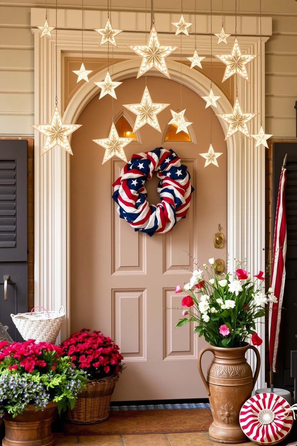 Create a warm and inviting front door setting adorned with hanging stars from the door frame. The stars are made of delicate materials that shimmer gently in the light, adding a festive touch to the entrance. Surround the door with seasonal decorations that celebrate Labor Day. Incorporate elements like red, white, and blue accents, along with fresh flowers in a rustic vase placed nearby.