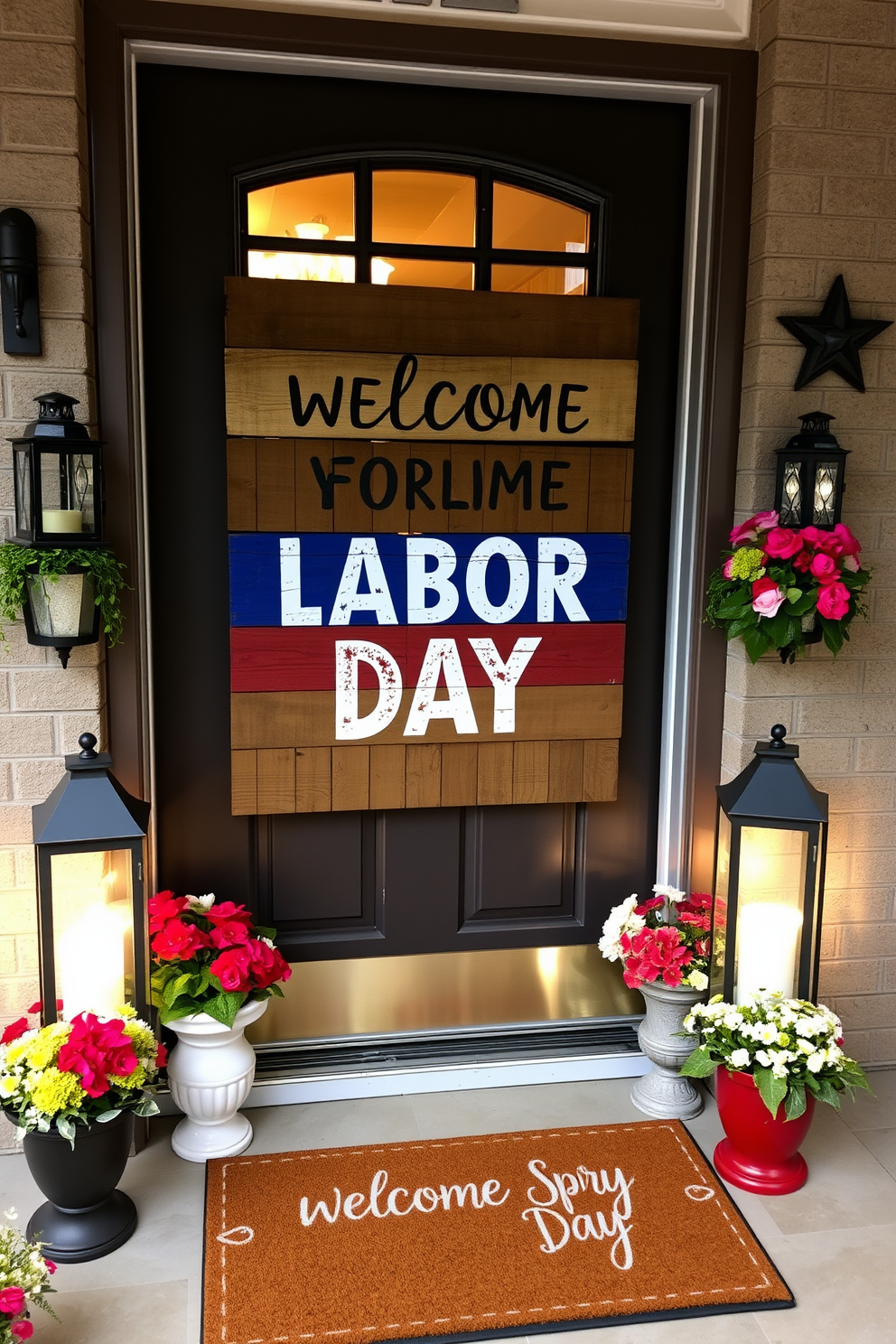 A stunning front door adorned with a wooden pallet art piece that features a warm and inviting Labor Day message. The pallet is painted in rustic colors, showcasing red, white, and blue accents, and is surrounded by seasonal flowers in vibrant pots. Flanking the door are stylish lanterns that cast a soft glow, enhancing the festive atmosphere. A welcome mat with a cheerful design complements the decor, inviting guests to celebrate the holiday spirit.