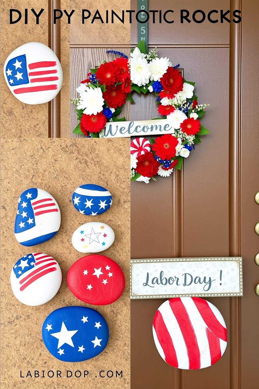 A collection of DIY painted rocks featuring patriotic designs. Each rock showcases vibrant colors and symbols such as stars and stripes, perfect for celebrating national pride. A beautifully decorated front door for Labor Day. The door is adorned with a festive wreath made of red, white, and blue flowers, complemented by a charming 