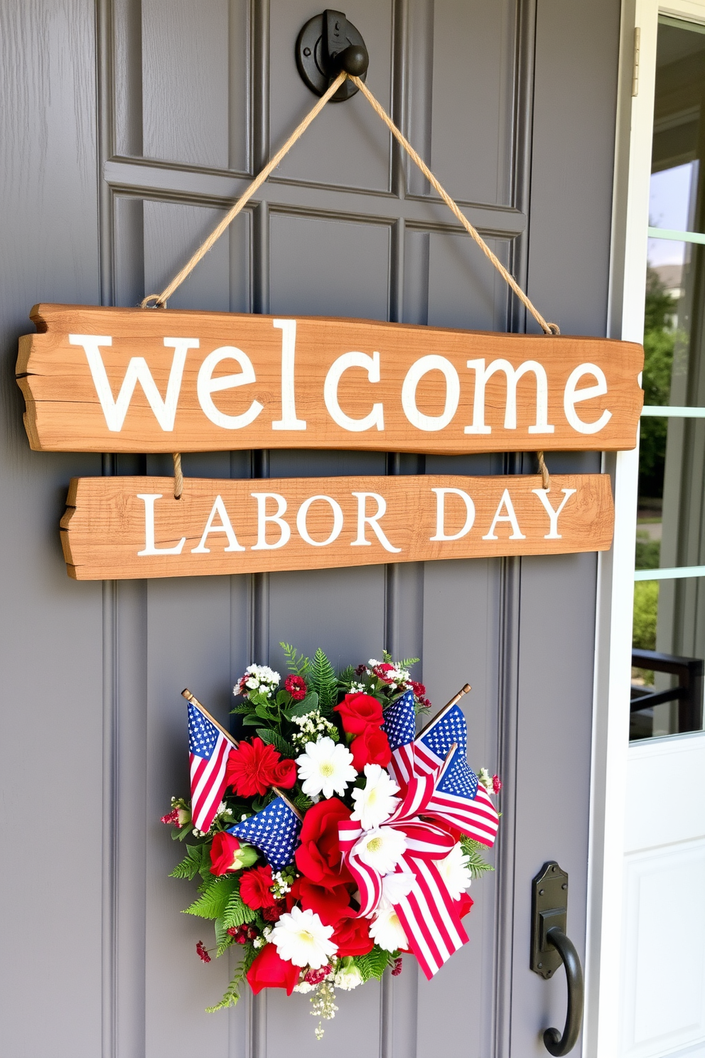 A charming rustic wooden welcome sign hangs prominently on the front door. The sign features hand-painted letters that greet guests with warmth and hospitality. For Labor Day, the front door is adorned with a festive arrangement of red, white, and blue decorations. A wreath made of seasonal flowers and small American flags adds a patriotic touch to the entrance.