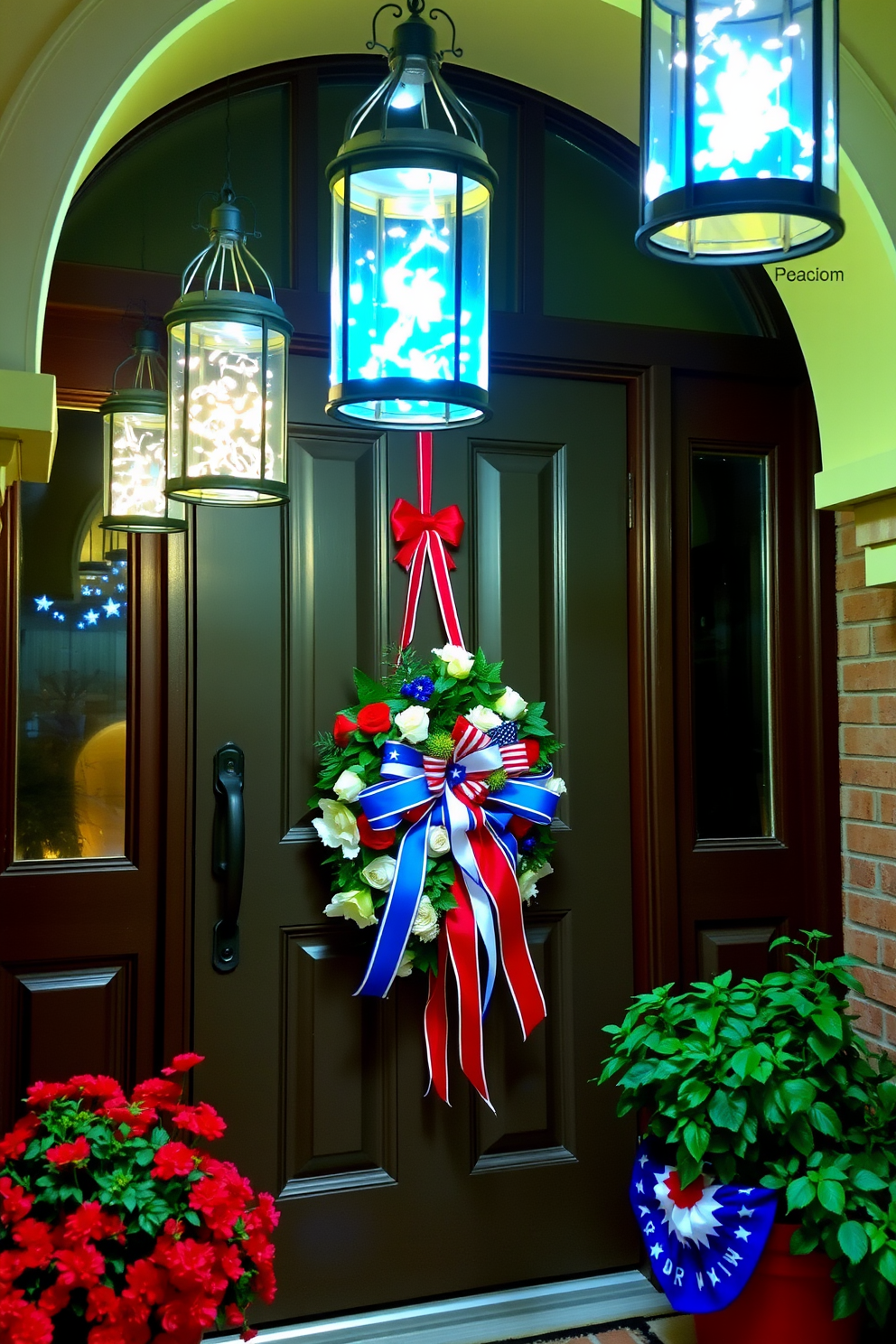 A charming front door adorned with hanging lanterns that emit a warm, inviting glow. The lanterns are filled with twinkling lights, creating a festive atmosphere that welcomes guests. For Labor Day, the front porch is decorated with red, white, and blue accents. A wreath made of seasonal flowers and patriotic ribbons hangs prominently on the door, complemented by potted plants in matching colors.