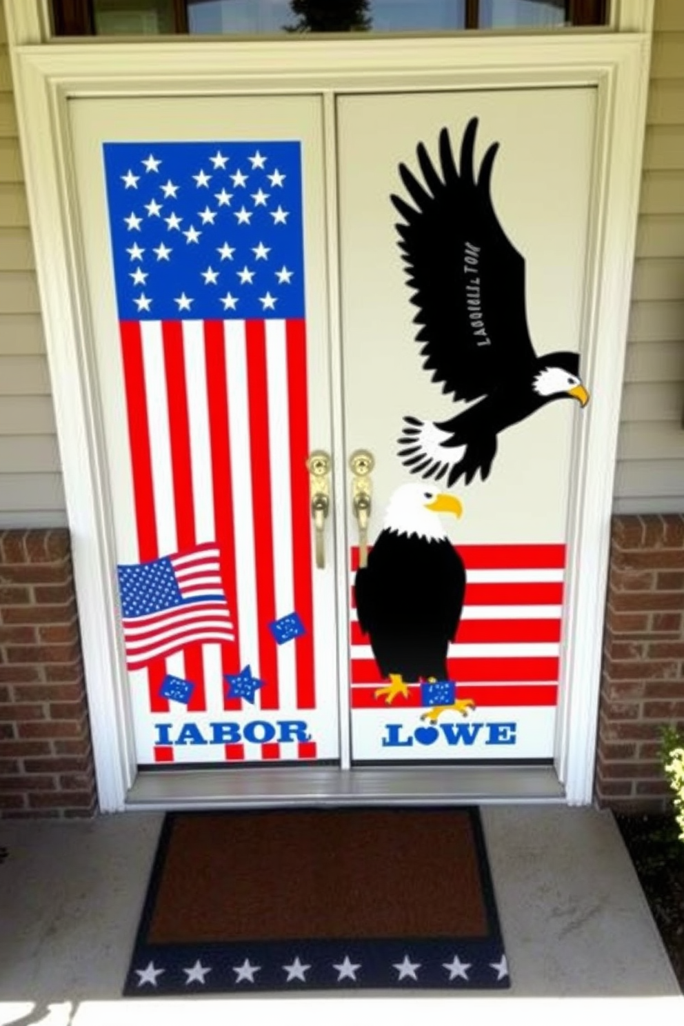 A vibrant front door decorated with door decals featuring iconic American symbols such as the flag and the bald eagle. The design incorporates a festive Labor Day theme with red, white, and blue colors, creating a welcoming atmosphere for guests.