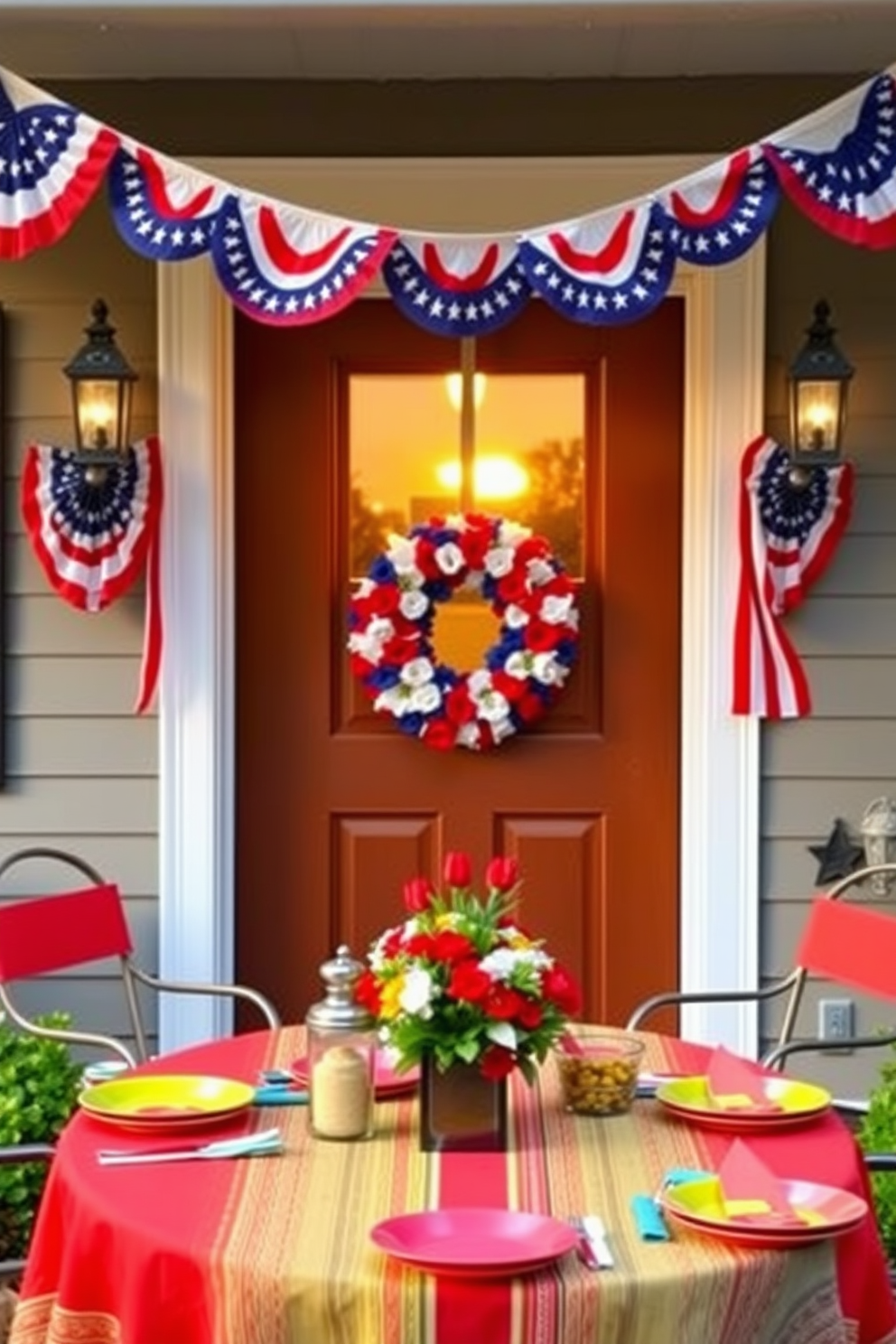 A festive outdoor table is set up just outside the front door, adorned with a vibrant tablecloth and a variety of snacks. Colorful plates and napkins complement the cheerful atmosphere, while decorative lanterns provide a warm glow as the sun begins to set. The front door is beautifully decorated for Labor Day, featuring a wreath made of red, white, and blue flowers. Patriotic banners drape across the entrance, creating an inviting and celebratory ambiance for guests.