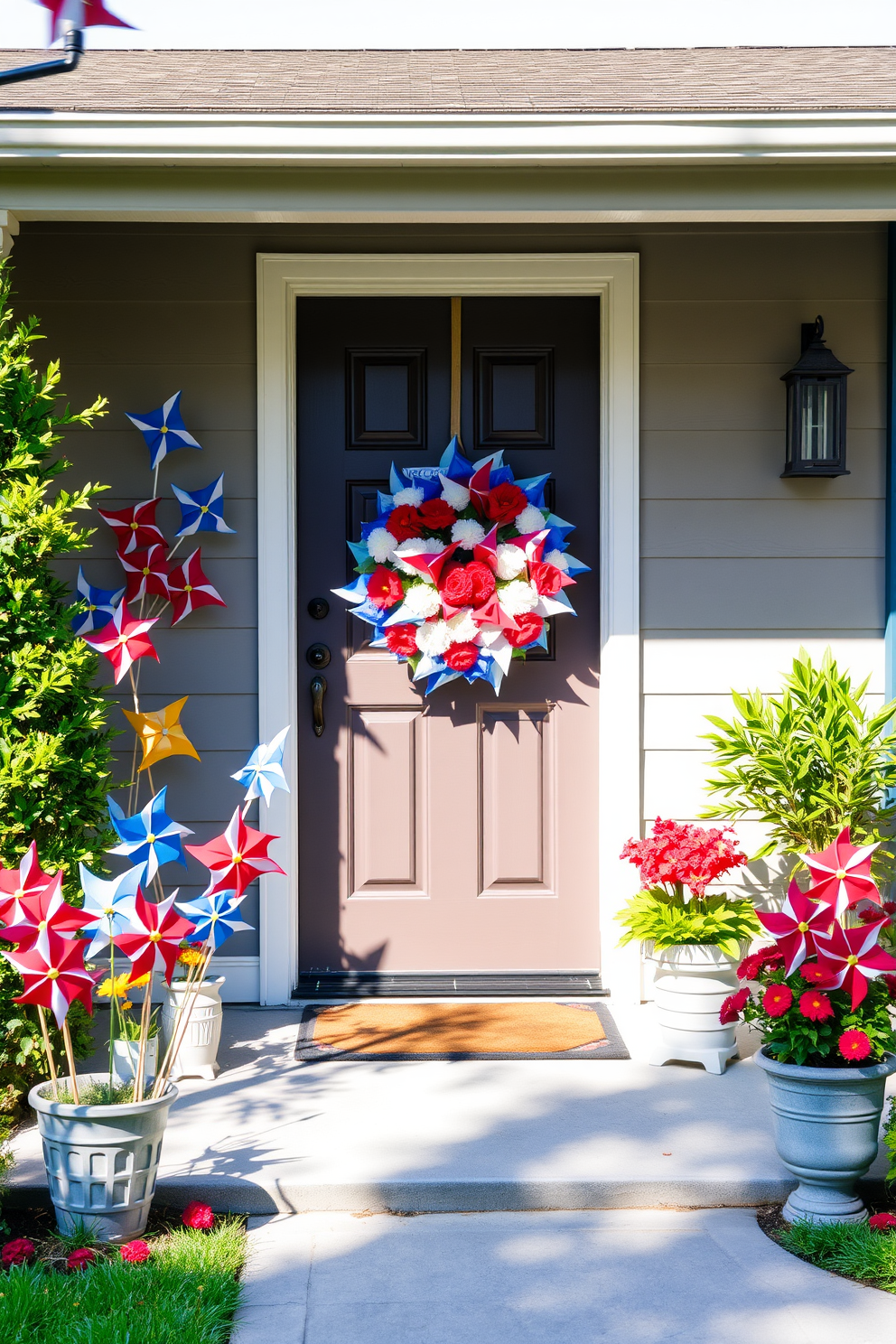 A vibrant front yard adorned with colorful pinwheels spinning gently in the breeze. The pinwheels are arranged in a playful pattern, creating a cheerful and inviting atmosphere. A festive front door decorated for Labor Day with a wreath made of red, white, and blue flowers. The door features a rustic welcome sign and is flanked by potted plants that add to the seasonal charm.