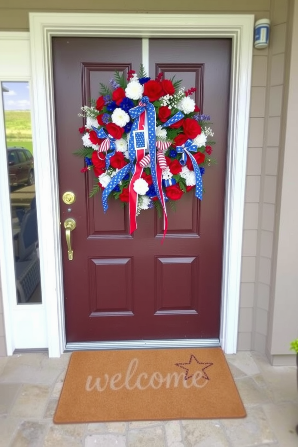 A seasonal welcome mat featuring a star design is placed at the entrance, inviting guests with its festive charm. The front door is adorned with a vibrant Labor Day wreath, showcasing red, white, and blue flowers intertwined with ribbons.