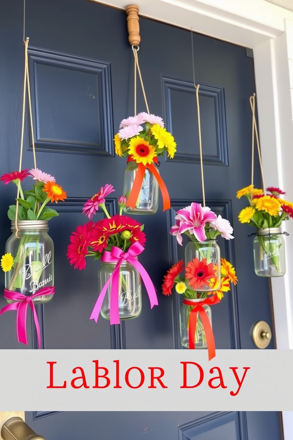 A charming front door adorned with hanging mason jars filled with colorful flowers. The jars are suspended from a rustic wooden beam, creating a welcoming and festive atmosphere for Labor Day. Brightly colored ribbons are tied around each jar, adding a touch of seasonal cheer. The door itself is painted a deep navy blue, contrasting beautifully with the vibrant blooms and creating an inviting entryway.