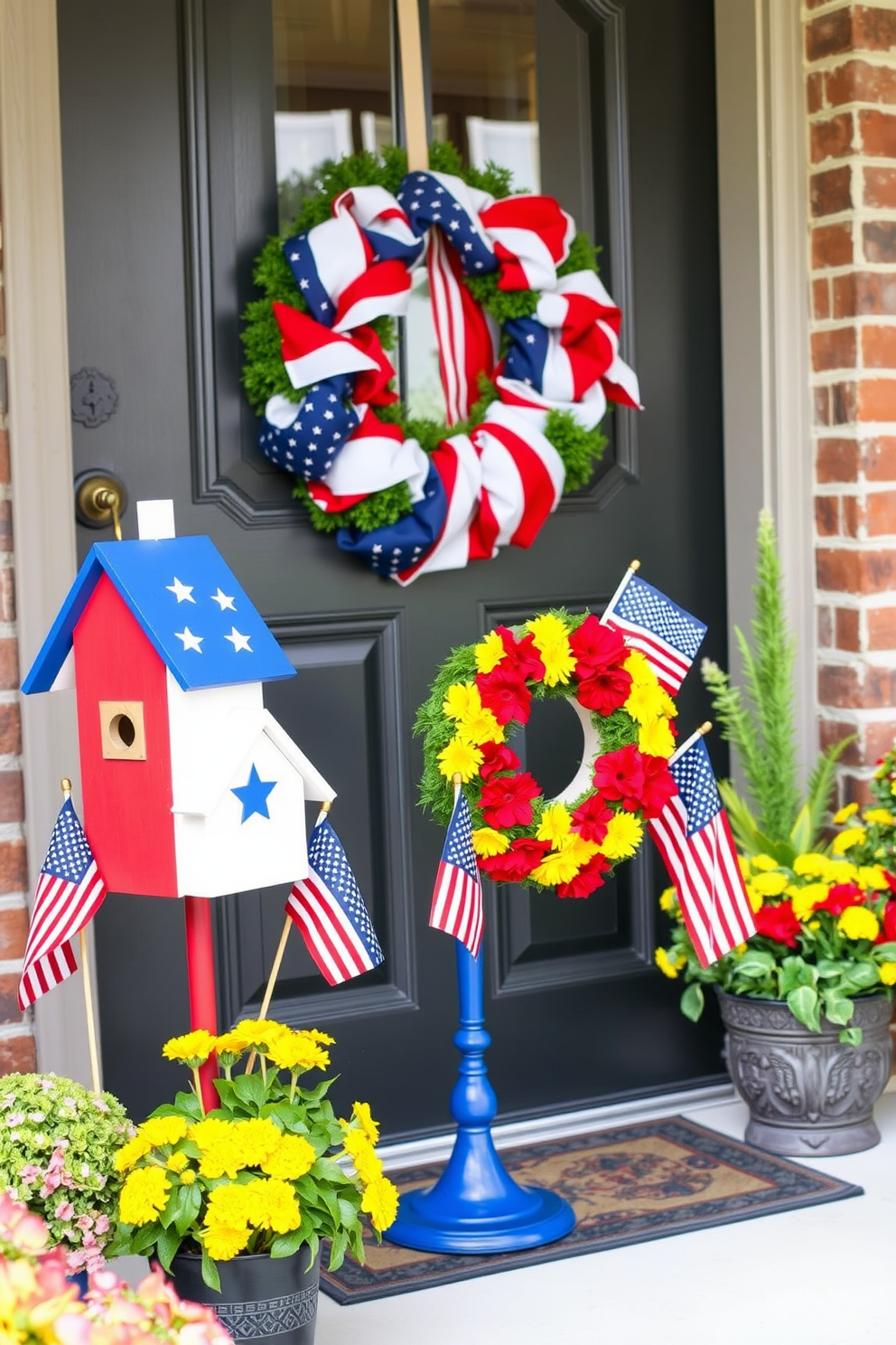 Patriotic themed birdhouses on porch. The birdhouses are painted in red white and blue with stars and stripes designs. Labor Day Front Door Decorating Ideas. The front door is adorned with a festive wreath made of red and yellow flowers along with small American flags.