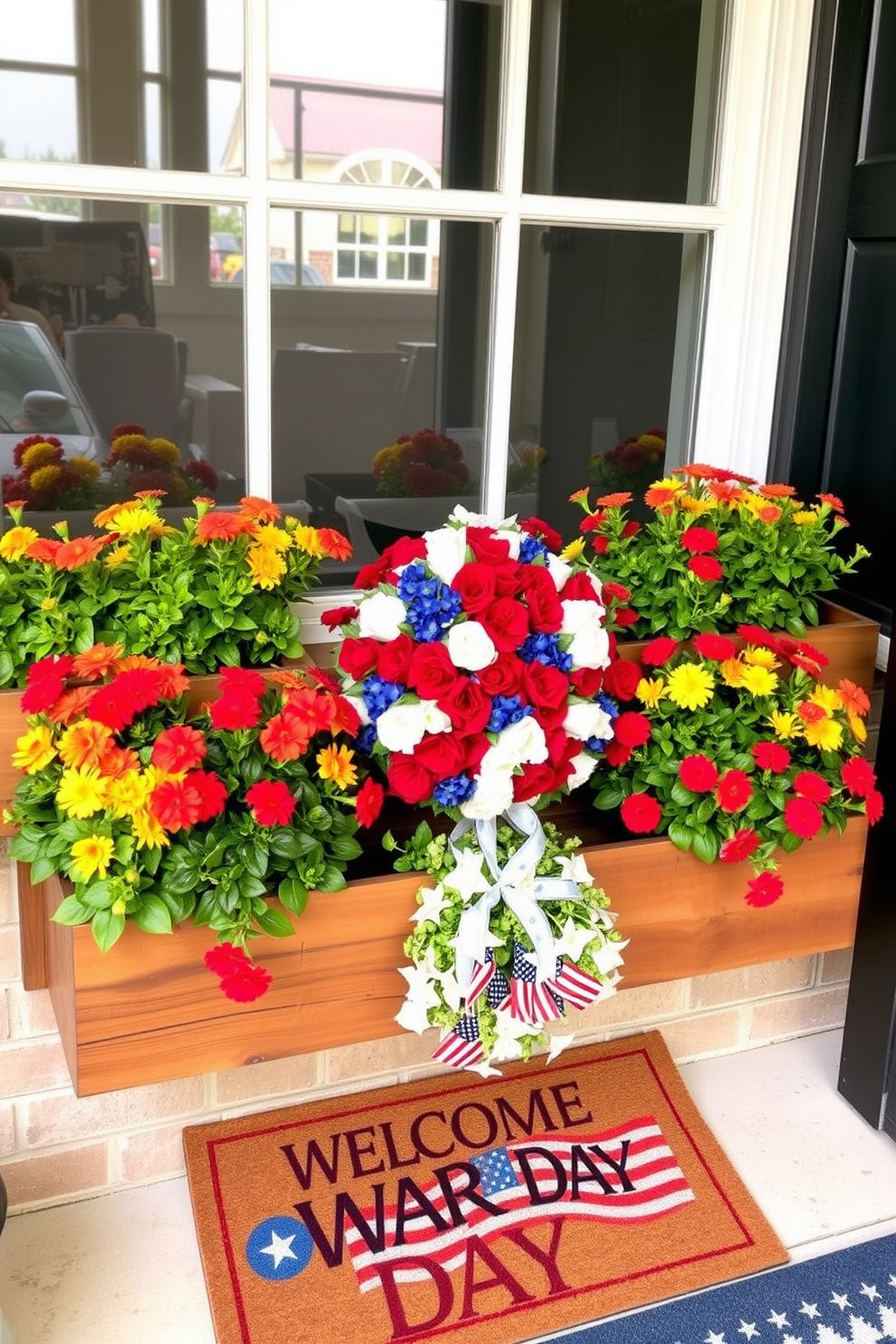 Decorative window boxes filled with vibrant seasonal plants. The boxes are made of rustic wood and are positioned under large windows, enhancing the charm of the home exterior. Labor Day front door decorating ideas that showcase a warm and inviting atmosphere. A beautiful wreath made of red, white, and blue flowers is complemented by a welcome mat featuring patriotic themes.