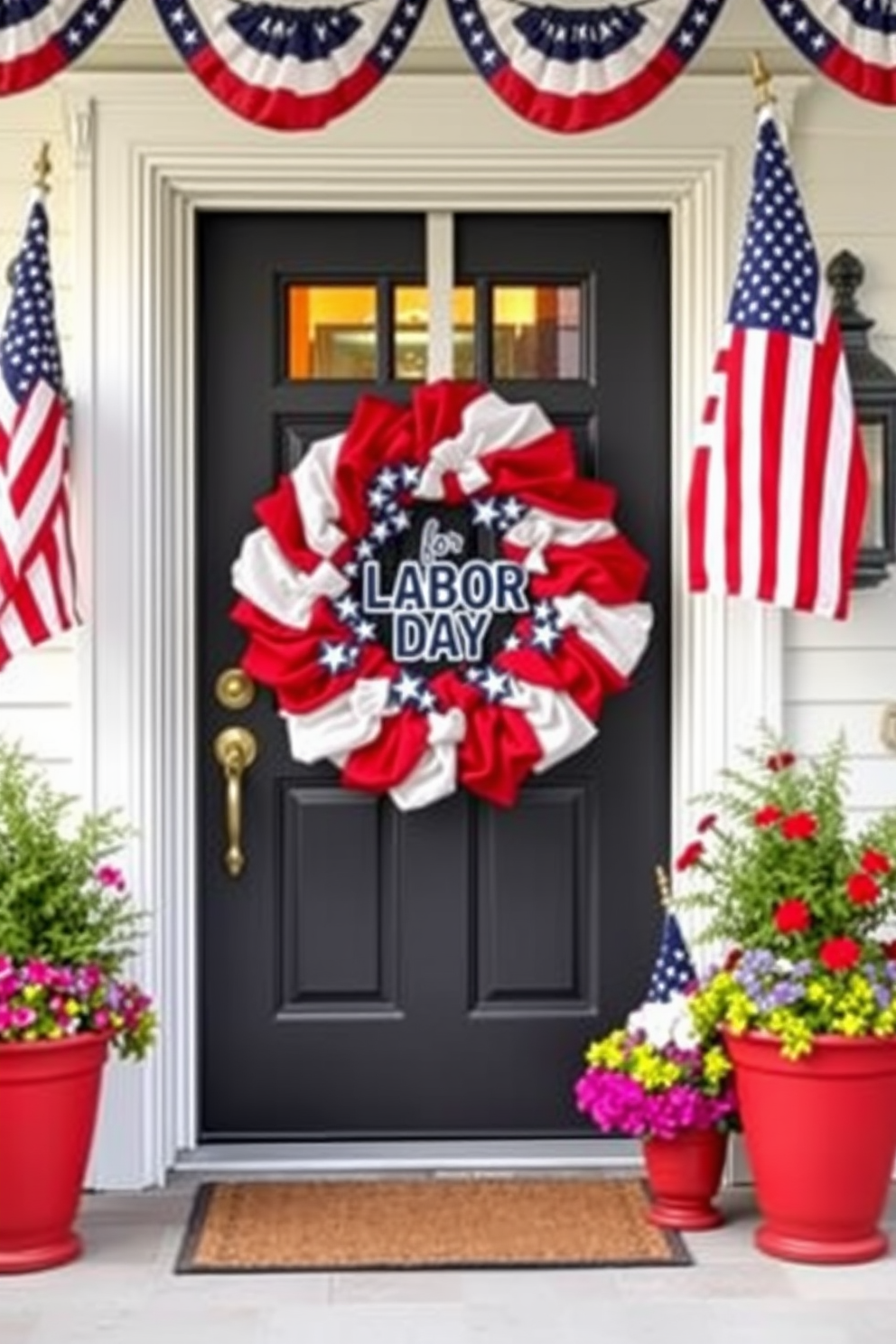 A welcoming front door adorned with red white and blue flags for Labor Day. The entrance features a vibrant wreath made of stars and stripes, complemented by potted flowers in patriotic colors on either side.