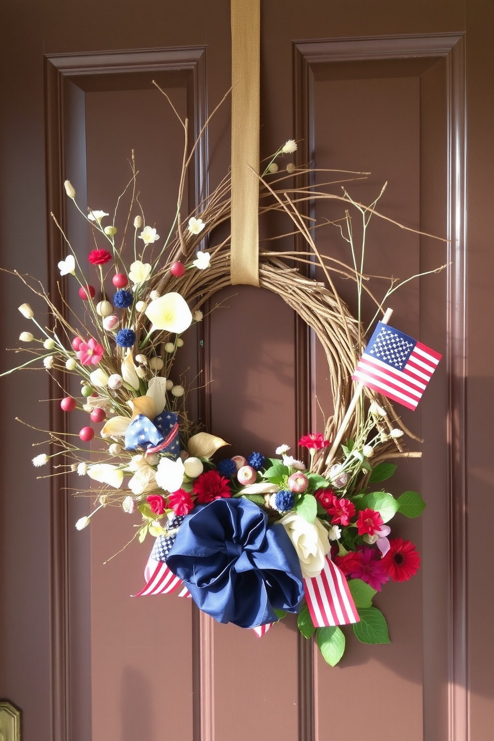 A beautiful wreath made from repurposed materials hangs on the front door. It features a blend of natural elements like twigs, dried flowers, and fabric scraps, creating an eco-friendly and unique design. For Labor Day, the front door is adorned with a festive display of red, white, and blue accents. The wreath is complemented by small American flags and seasonal flowers, welcoming guests with a cheerful and patriotic touch.