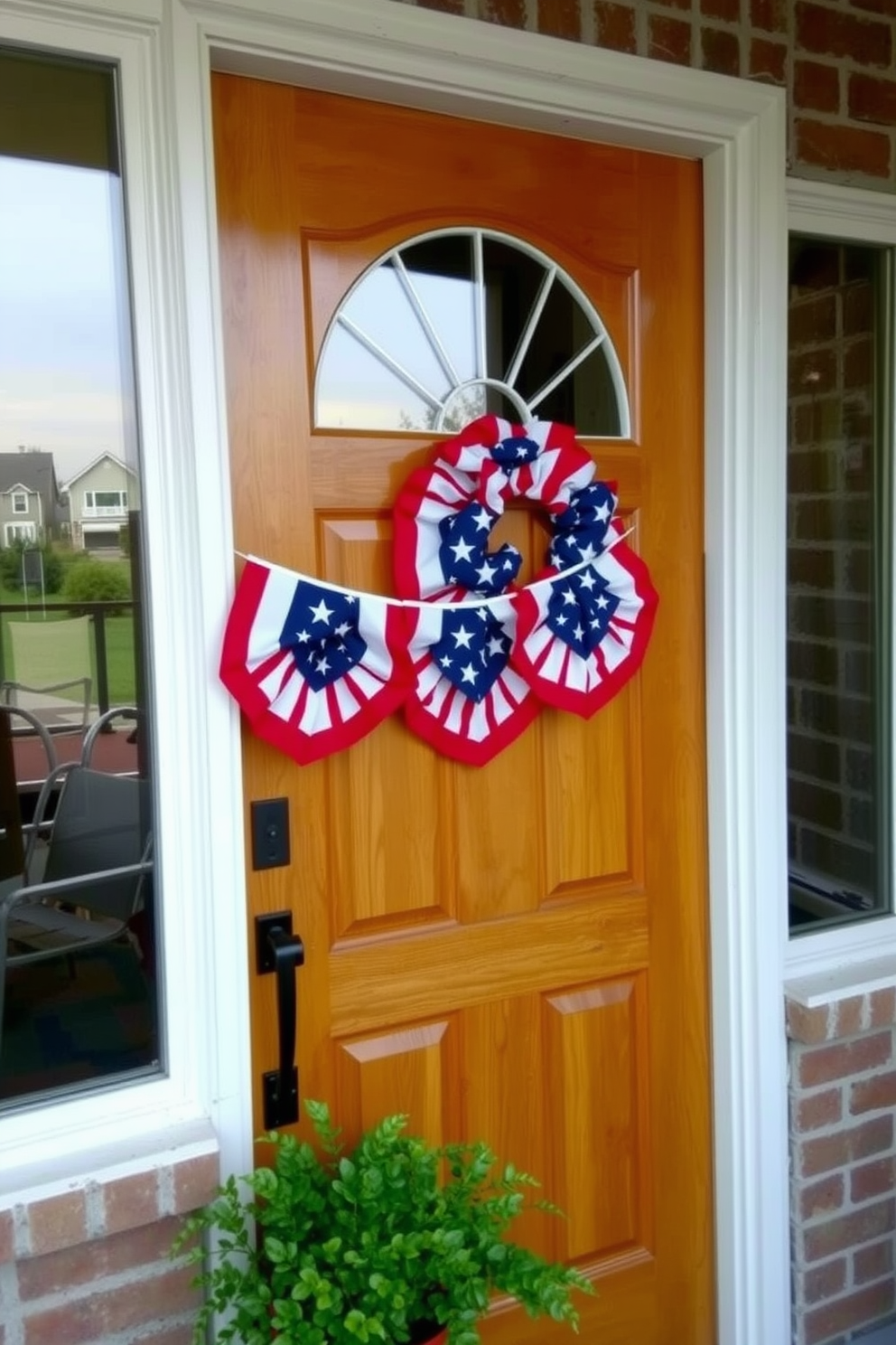 A festive front door adorned with stars and stripes bunting creates a welcoming atmosphere for Labor Day celebrations. The vibrant colors of red, white, and blue complement the natural wood of the door, enhancing the patriotic theme.