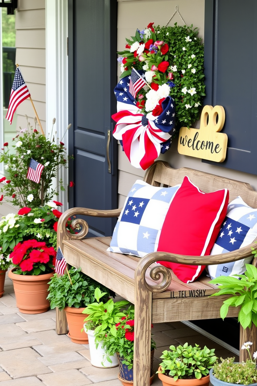 Outdoor seating with patriotic cushions. The area features a rustic wooden bench surrounded by potted plants, with vibrant red, white, and blue cushions adding a festive touch. Labor Day front door decorating ideas. A welcoming wreath made of seasonal flowers and small American flags adorns the door, while a cheerful 