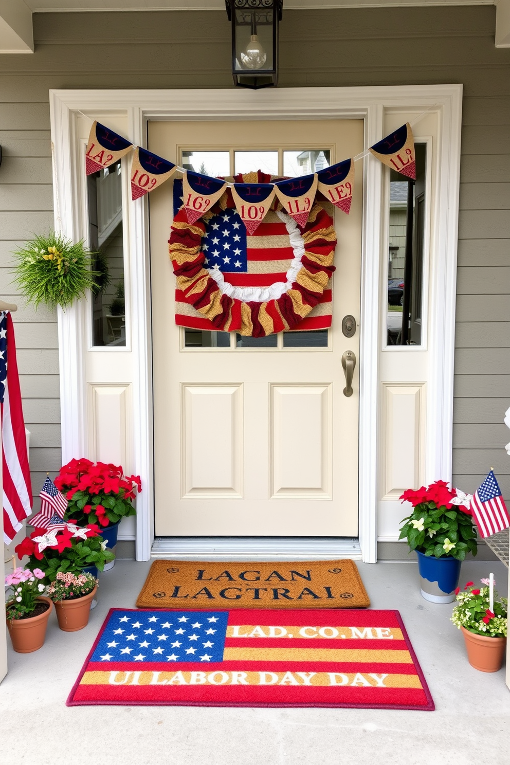 A welcoming front entryway features a vibrant American flag door mat that adds a patriotic touch. Surrounding the door mat, seasonal decorations celebrate Labor Day with colorful banners and small potted plants in red, white, and blue hues.