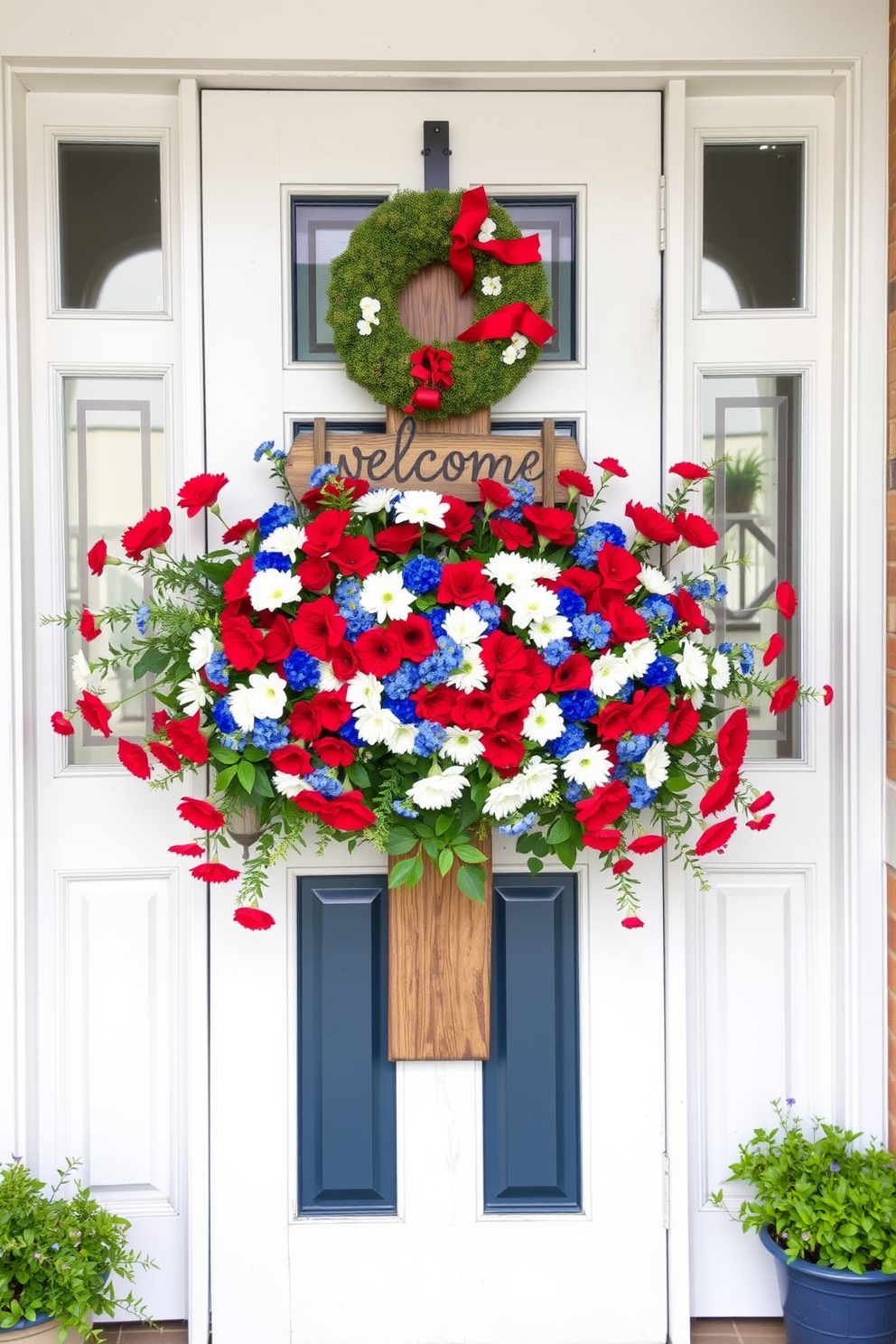 A vibrant front door adorned with a seasonal floral arrangement featuring bold red white and blue flowers. The arrangement is complemented by a rustic wooden welcome sign and a small potted plant on either side of the door.