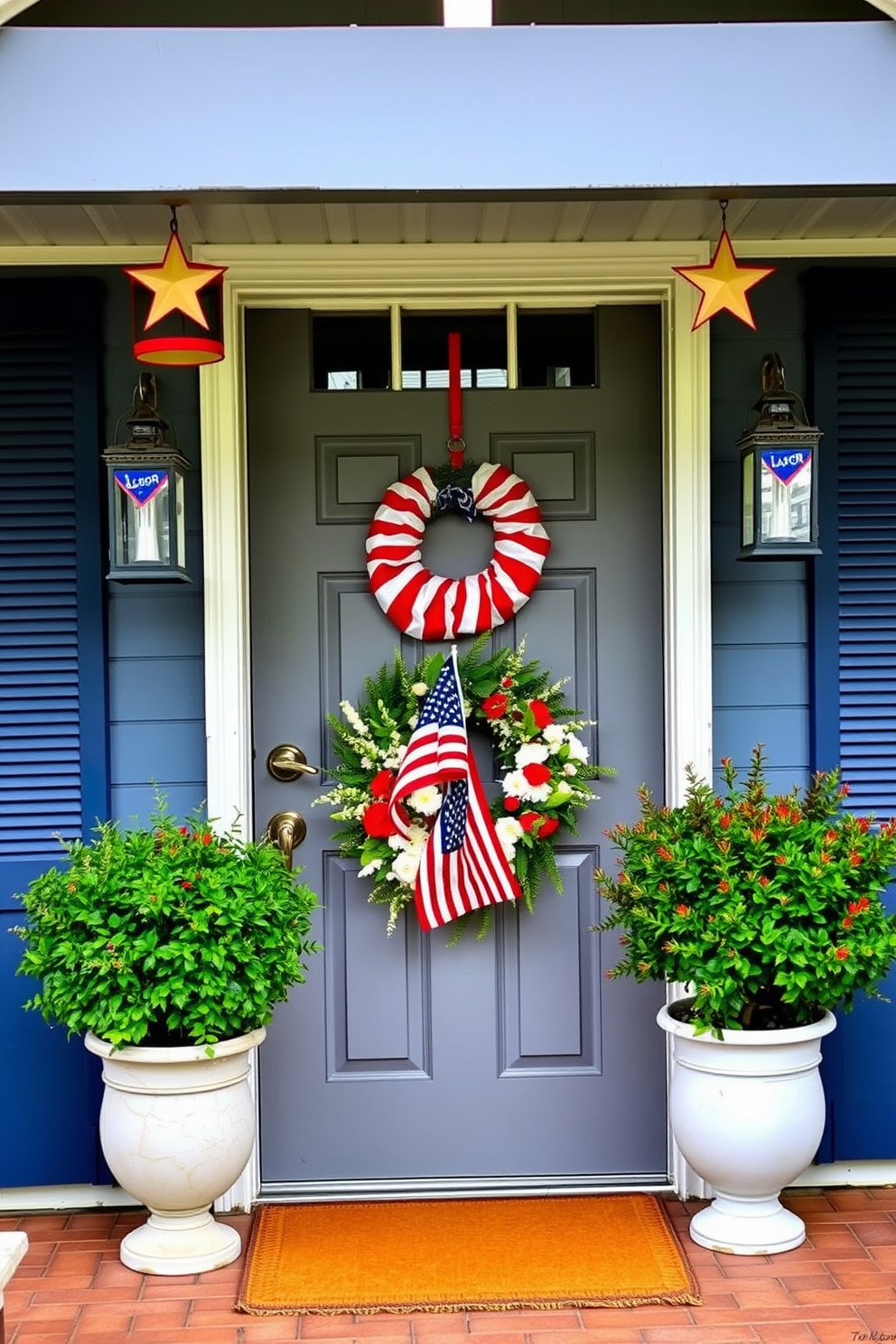 A charming front door adorned with vintage lanterns featuring patriotic themes. The lanterns are hung on either side of the door, showcasing red, white, and blue designs that celebrate Labor Day. A welcoming wreath made of seasonal flowers is placed on the door, complemented by a small American flag. The entrance is further enhanced with potted plants on either side, adding a touch of greenery to the festive decor.