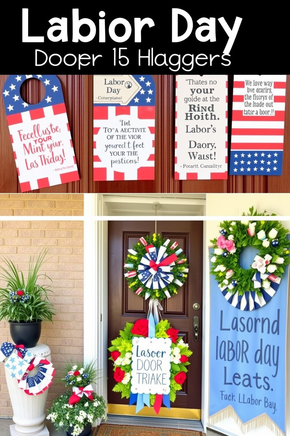 Create a vibrant display of colorful door hangers featuring inspiring Labor Day quotes. Each hanger should showcase a unique design that reflects the spirit of the holiday, incorporating red, white, and blue colors. Design a welcoming front door setup for Labor Day, adorned with seasonal decorations such as wreaths and banners. The decor should evoke a festive atmosphere, inviting guests to celebrate the holiday in style.