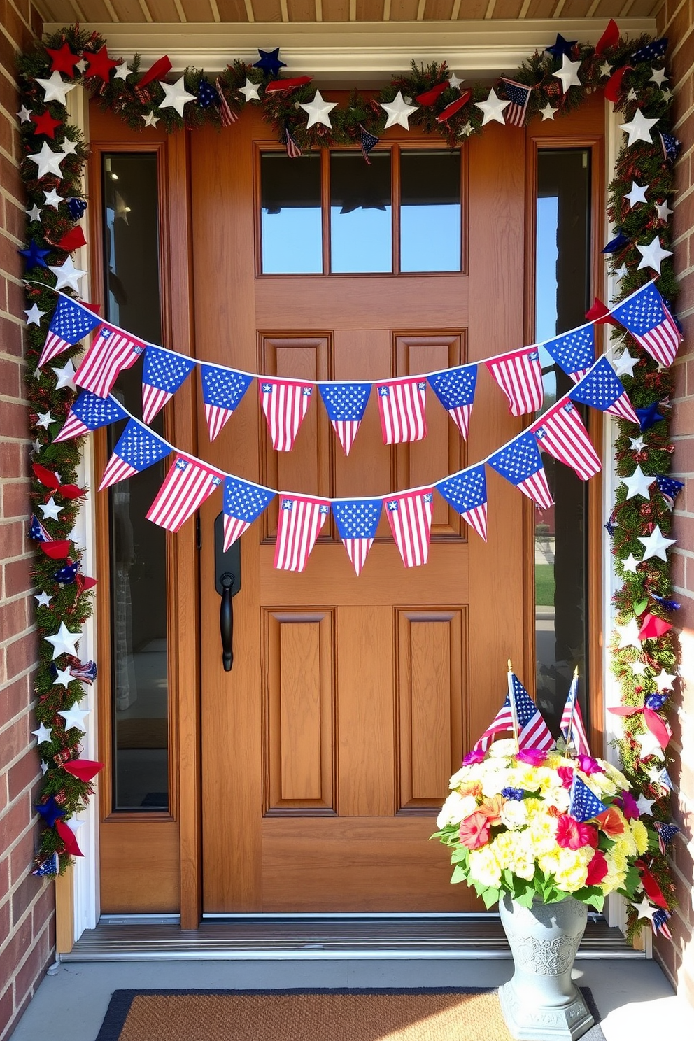 Decorative garlands with stars and flags adorn the front door, creating a festive and welcoming atmosphere. The vibrant colors of the flags contrast beautifully with the natural wood of the door, enhancing the overall charm of the entrance. Labor Day decorations feature a combination of red, white, and blue elements that celebrate the holiday's spirit. A tasteful arrangement of flowers in patriotic hues sits beside the door, adding a touch of elegance to the festive display.