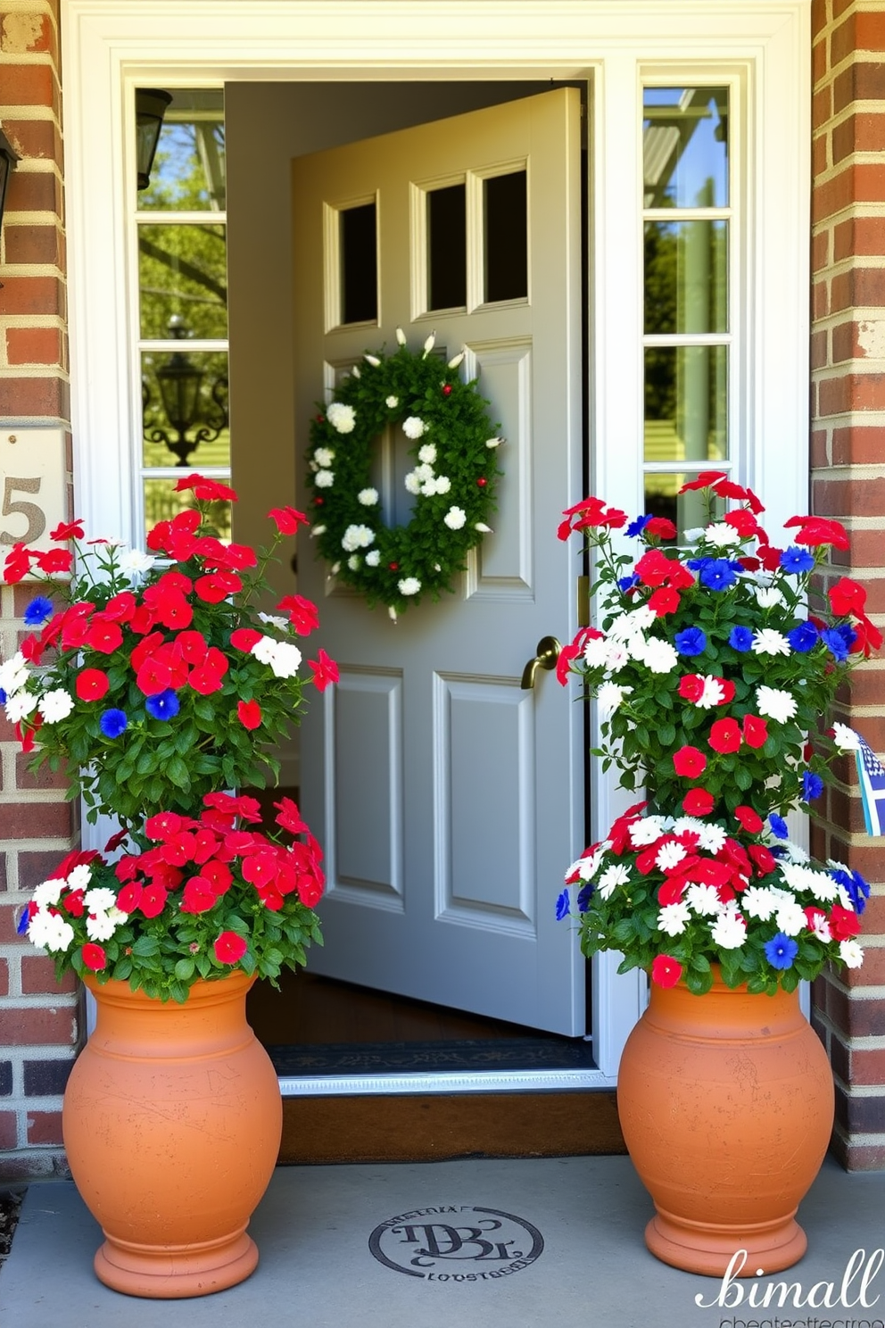 A welcoming front door adorned with potted plants featuring vibrant red white and blue blooms. The planters are made of rustic terracotta and are arranged symmetrically on either side of the entrance, creating a festive atmosphere.