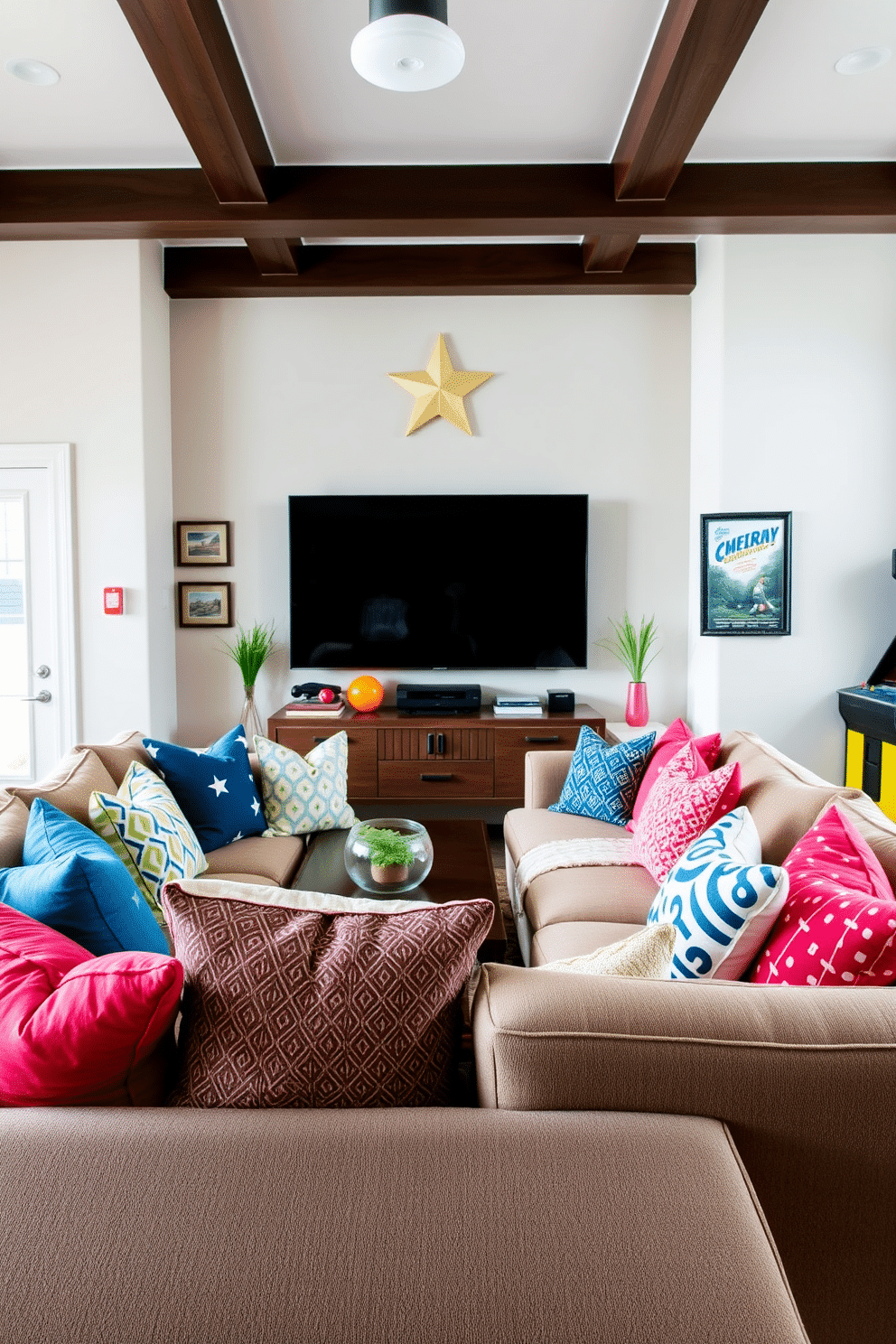 Cozy seating with vibrant throw pillows. A plush, oversized sofa is adorned with an array of colorful throw pillows in various patterns and textures. Labor Day Game Room Decorating Ideas. The game room features a large sectional couch facing a wall-mounted TV, surrounded by playful decor and a vintage arcade machine.