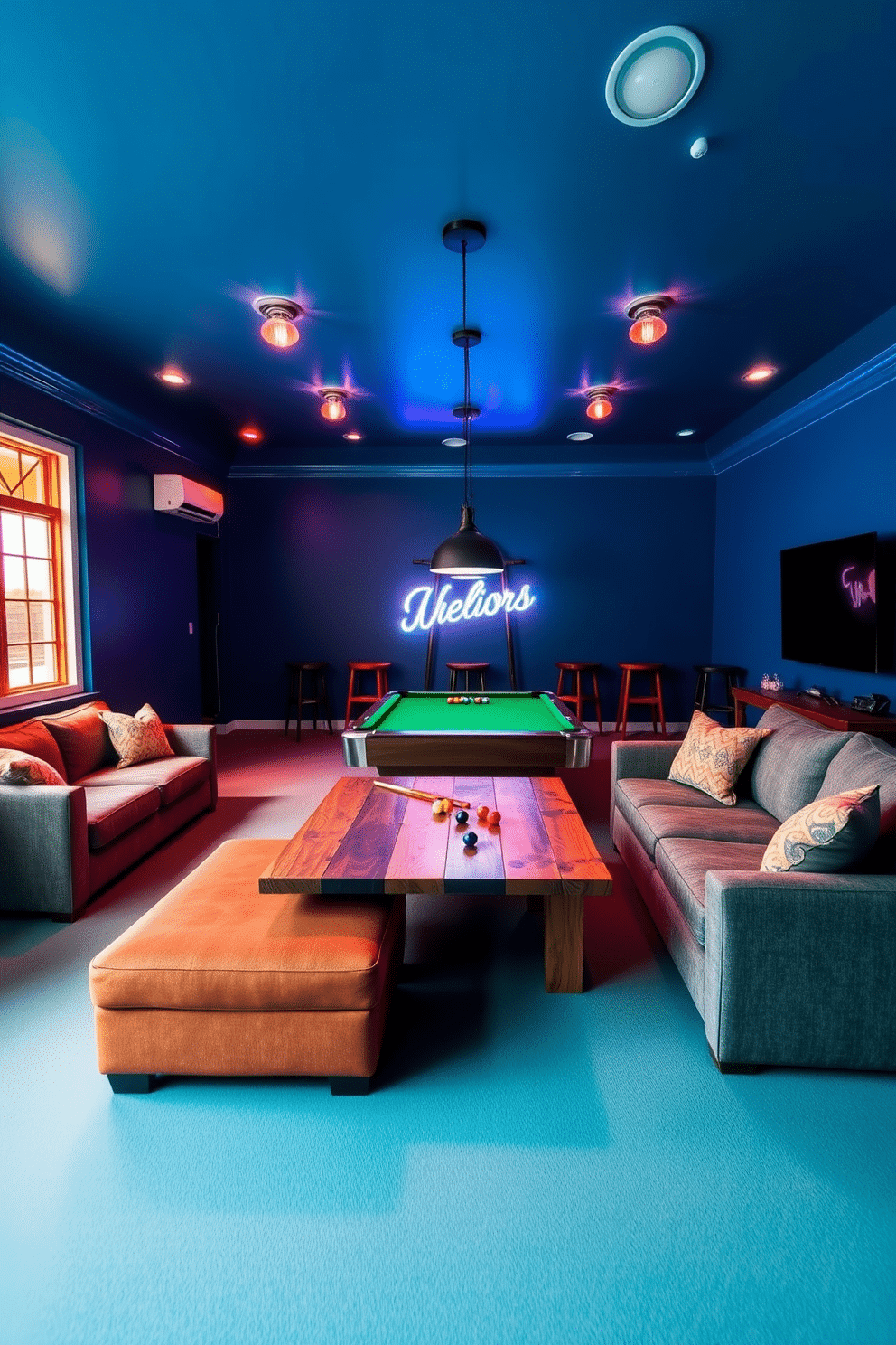 A vibrant game room filled with energy and excitement. The walls are painted in a deep blue hue, and the ceiling features adjustable smart bulbs that create a dynamic ambiance. A spacious sectional sofa in a rich gray fabric surrounds a large coffee table made of reclaimed wood. A pool table takes center stage, with neon lights illuminating the area for a fun and inviting atmosphere.