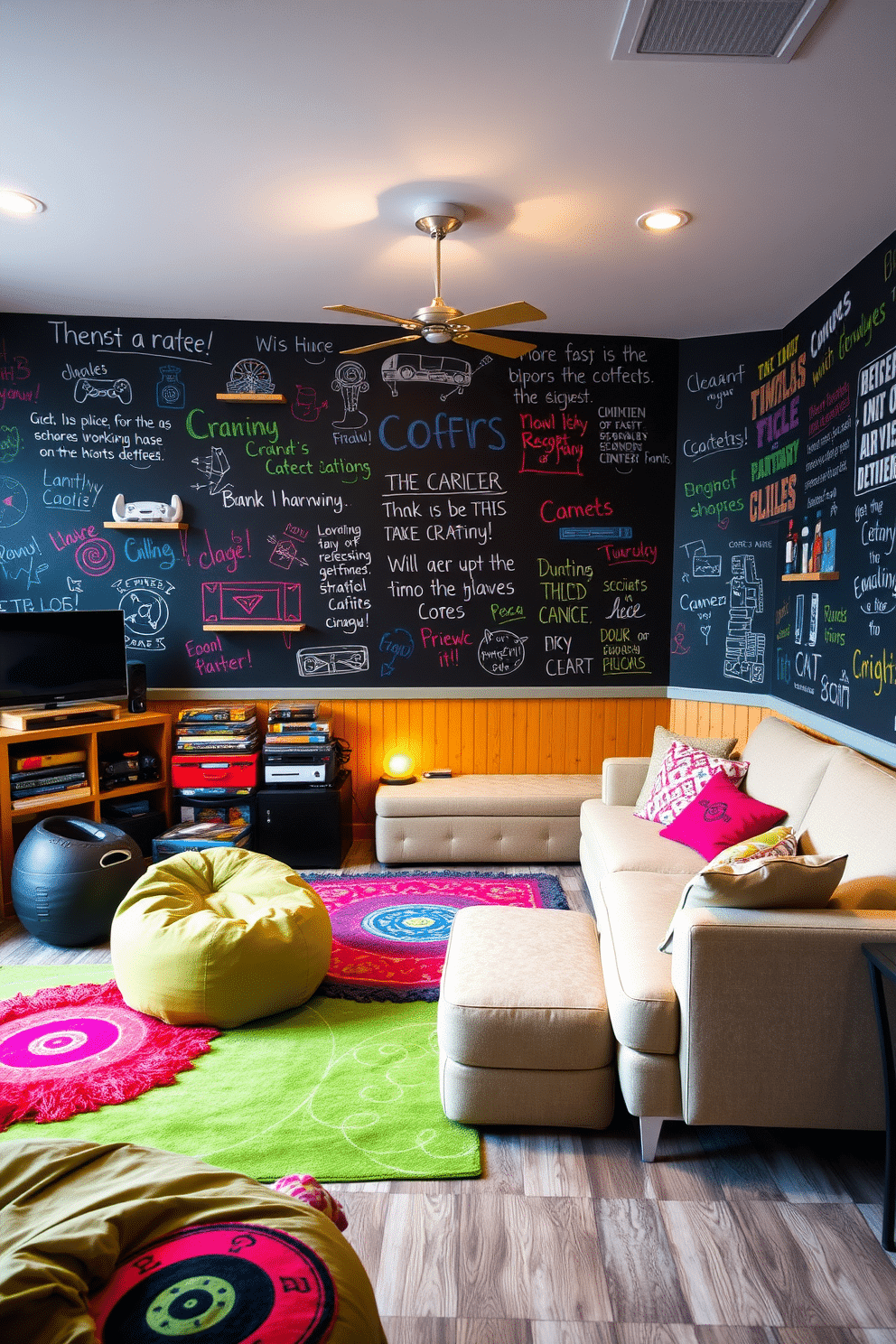 A vibrant game room featuring an interactive chalkboard wall designed for creativity. The wall is filled with colorful chalk drawings and inspirational quotes, creating an engaging atmosphere for fun and brainstorming. The space includes a cozy seating area with plush bean bags and a large sectional sofa. Brightly colored rugs anchor the seating, while a collection of board games and gaming consoles are neatly organized on shelves.