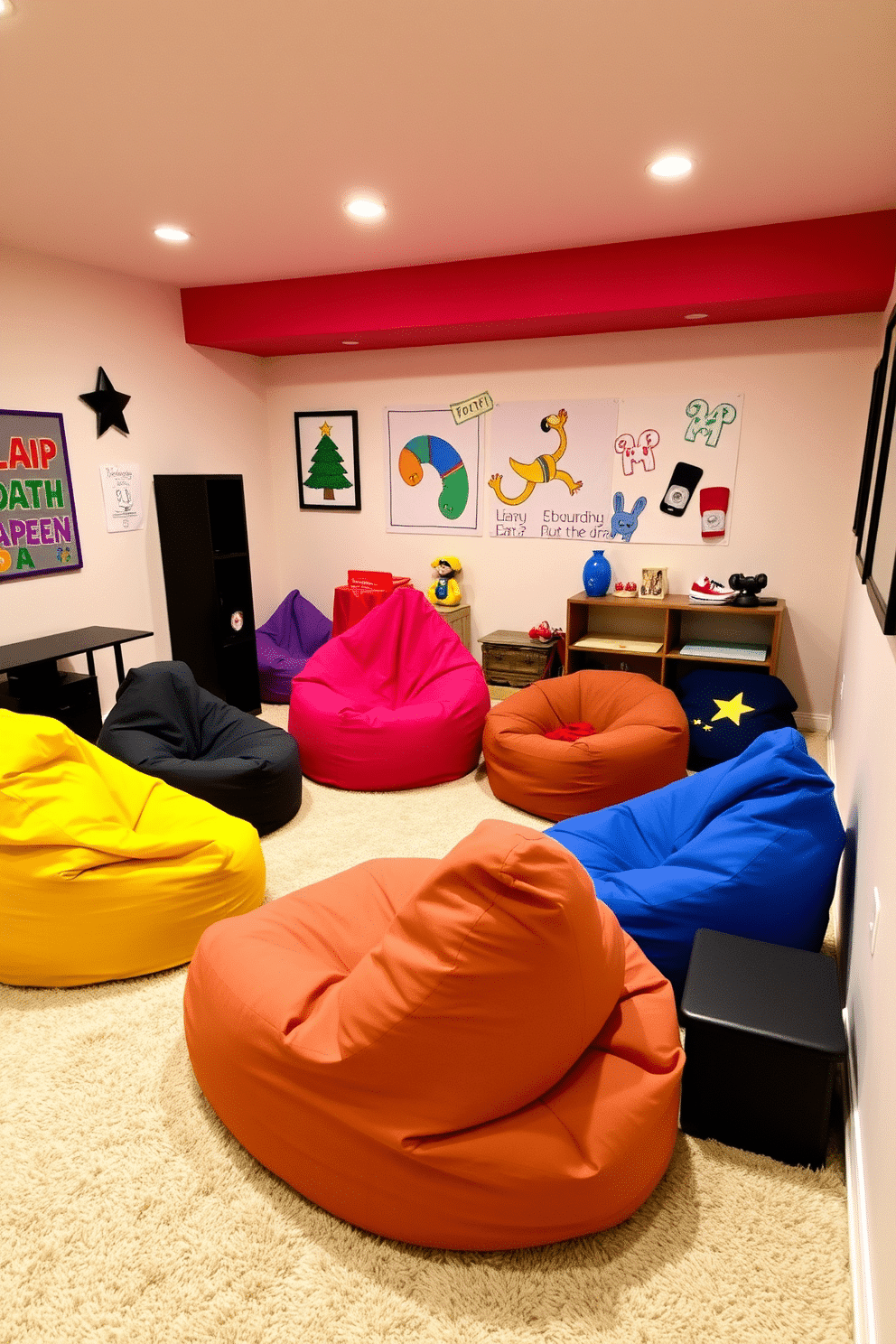 A cozy game room featuring comfortable bean bags in various vibrant colors scattered around the space. The walls are adorned with playful artwork and the floor is covered with a soft, plush rug to enhance relaxation and fun.