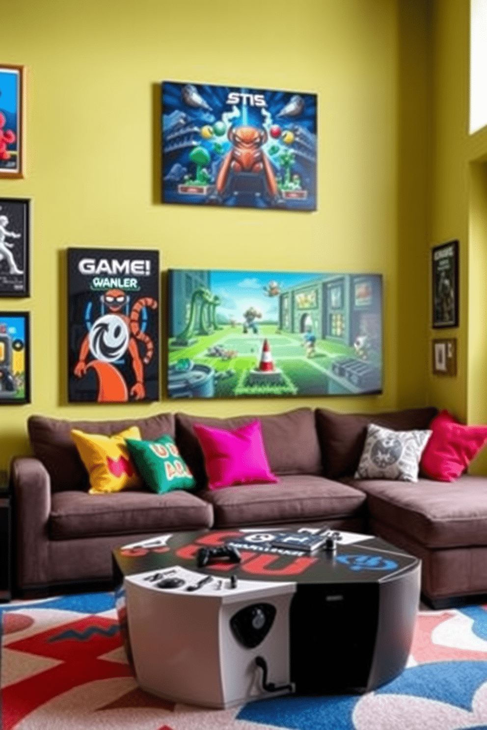 Create a vibrant game room that showcases game-themed artwork on the walls. Incorporate a mix of framed posters and canvas prints featuring iconic video game characters and scenes to add visual interest. Design a cozy seating area with a large sectional sofa and colorful accent pillows inspired by gaming colors. Use a coffee table with a unique design that reflects a gaming theme, providing a perfect spot for snacks and drinks during game nights.