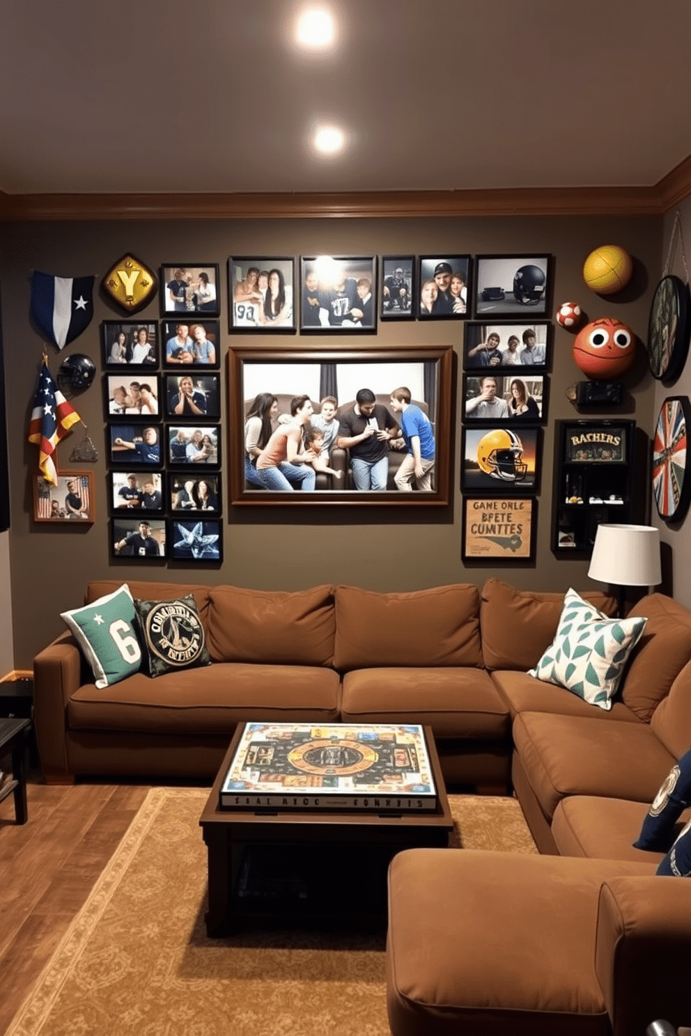 A cozy game room features a wall dedicated to a family photo gallery showcasing cherished memories from various game nights. The gallery is framed in rustic wood, with playful accents like sports memorabilia and colorful game-themed decor surrounding it. The room is designed for comfort and entertainment, featuring a large sectional sofa and a coffee table adorned with board games and snacks. Soft lighting creates a warm atmosphere, inviting family and friends to relax and enjoy their time together.