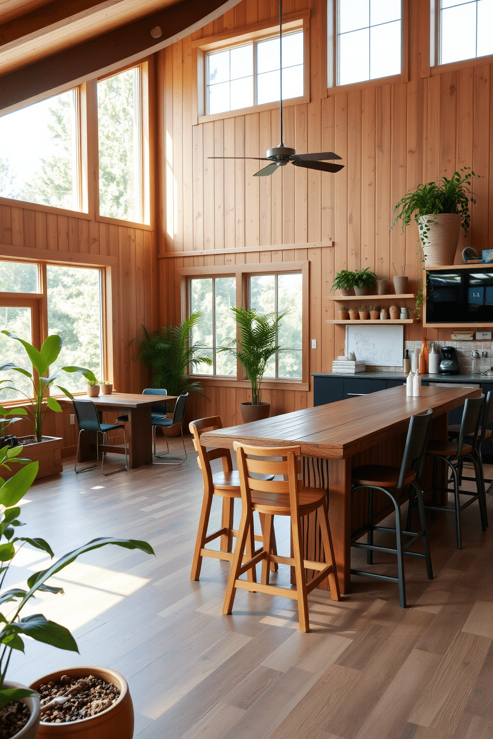 A vibrant game room filled with outdoor-inspired elements. The walls are adorned with natural wood paneling, and large windows allow plenty of sunlight to stream in. A rustic wooden bar with high stools creates a social atmosphere. Potted plants and greenery are placed around the room to enhance the fresh, lively vibe.