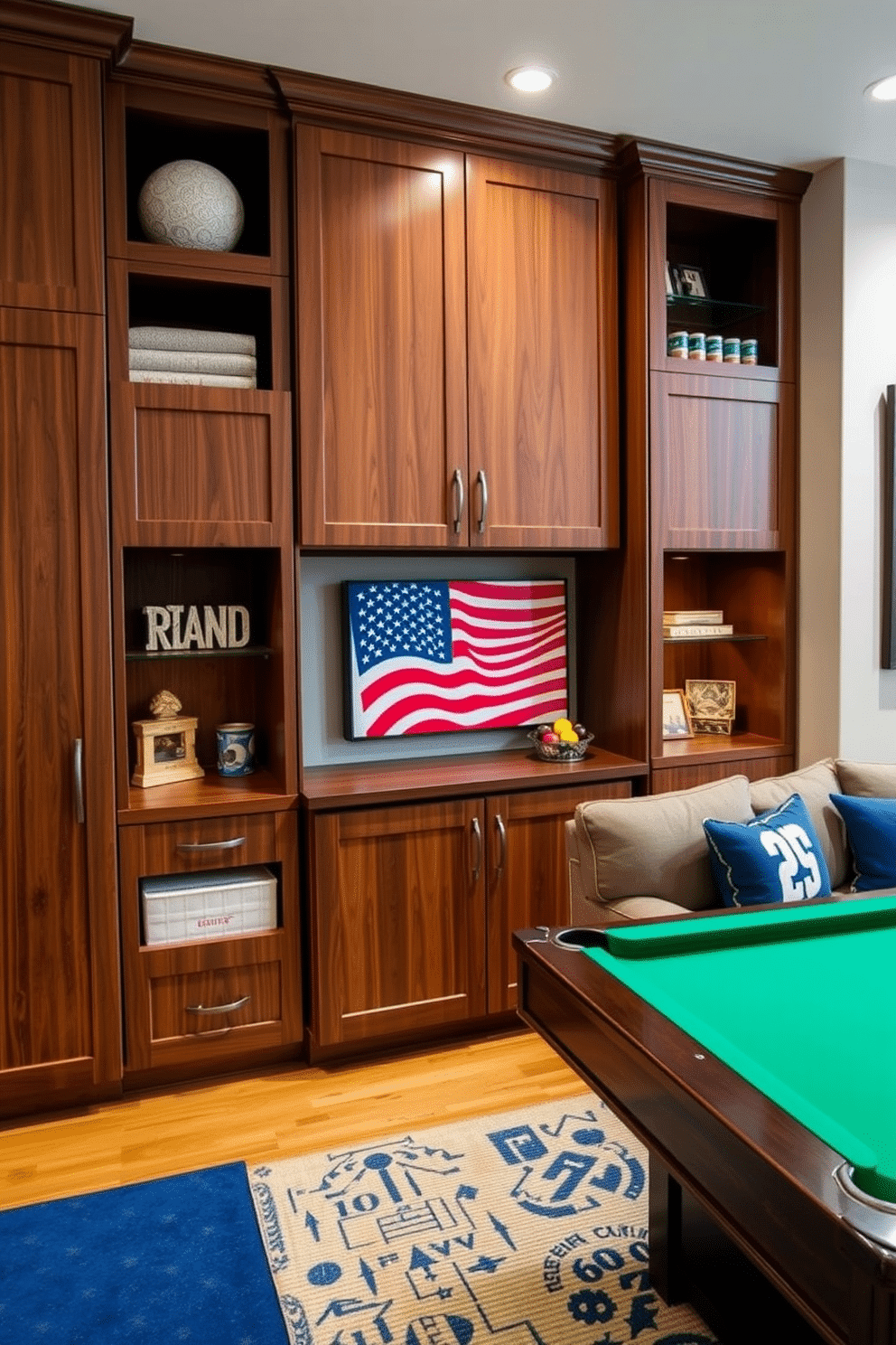 Custom cabinetry for organized storage. The cabinetry features sleek lines and a combination of open and closed storage options, with a rich wood finish that complements the room's decor. Labor Day Game Room Decorating Ideas. The space is designed for entertainment, with a large sectional sofa, a pool table, and vibrant wall art that captures the festive spirit of Labor Day.