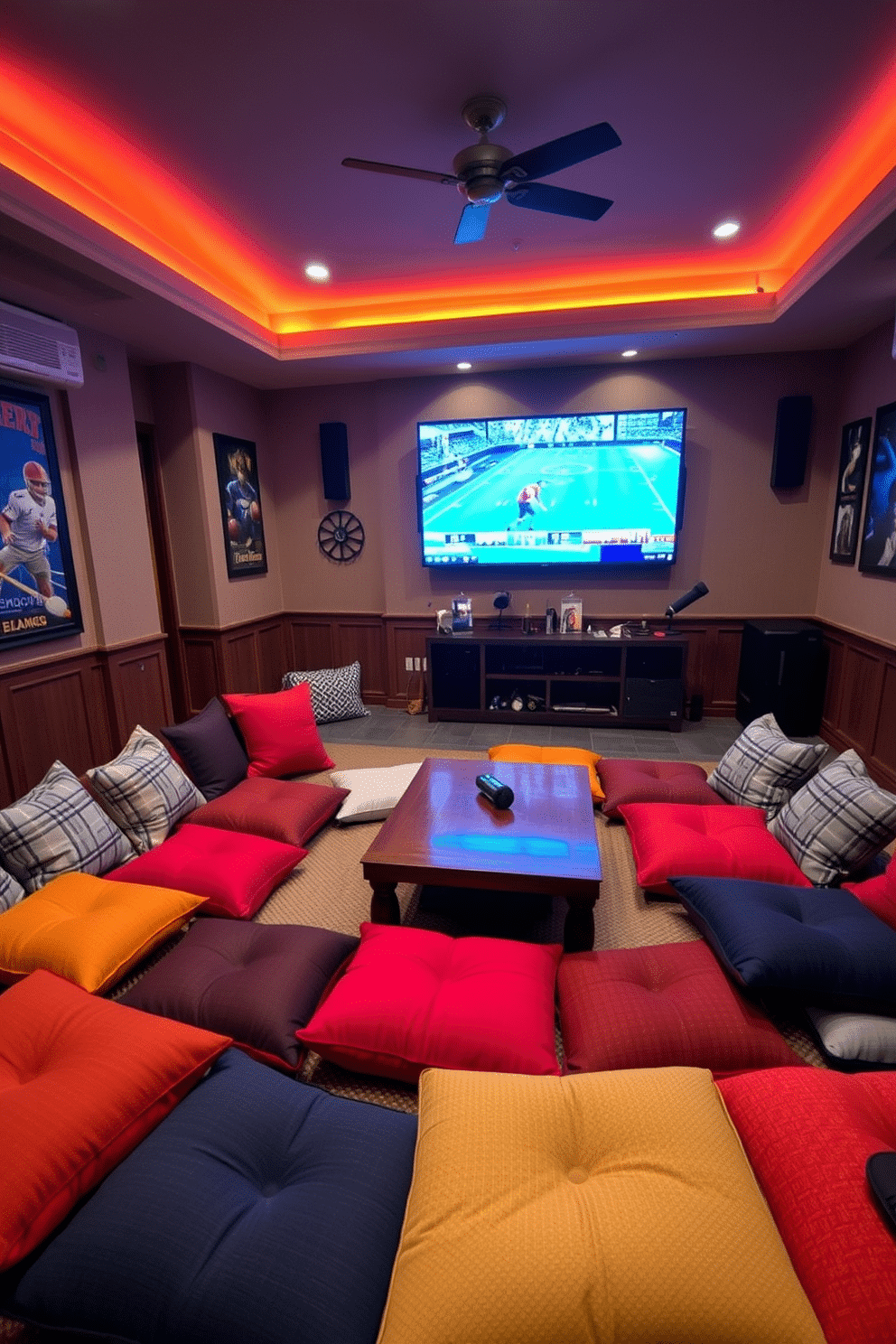 A cozy game room featuring an array of colorful floor cushions arranged around a low coffee table. The cushions are in various textures and patterns, providing a casual and inviting atmosphere for relaxation and socializing. The walls are adorned with game-themed artwork, and a large screen is mounted for viewing sports events. Soft lighting creates a warm ambiance, enhancing the overall comfort of the space.