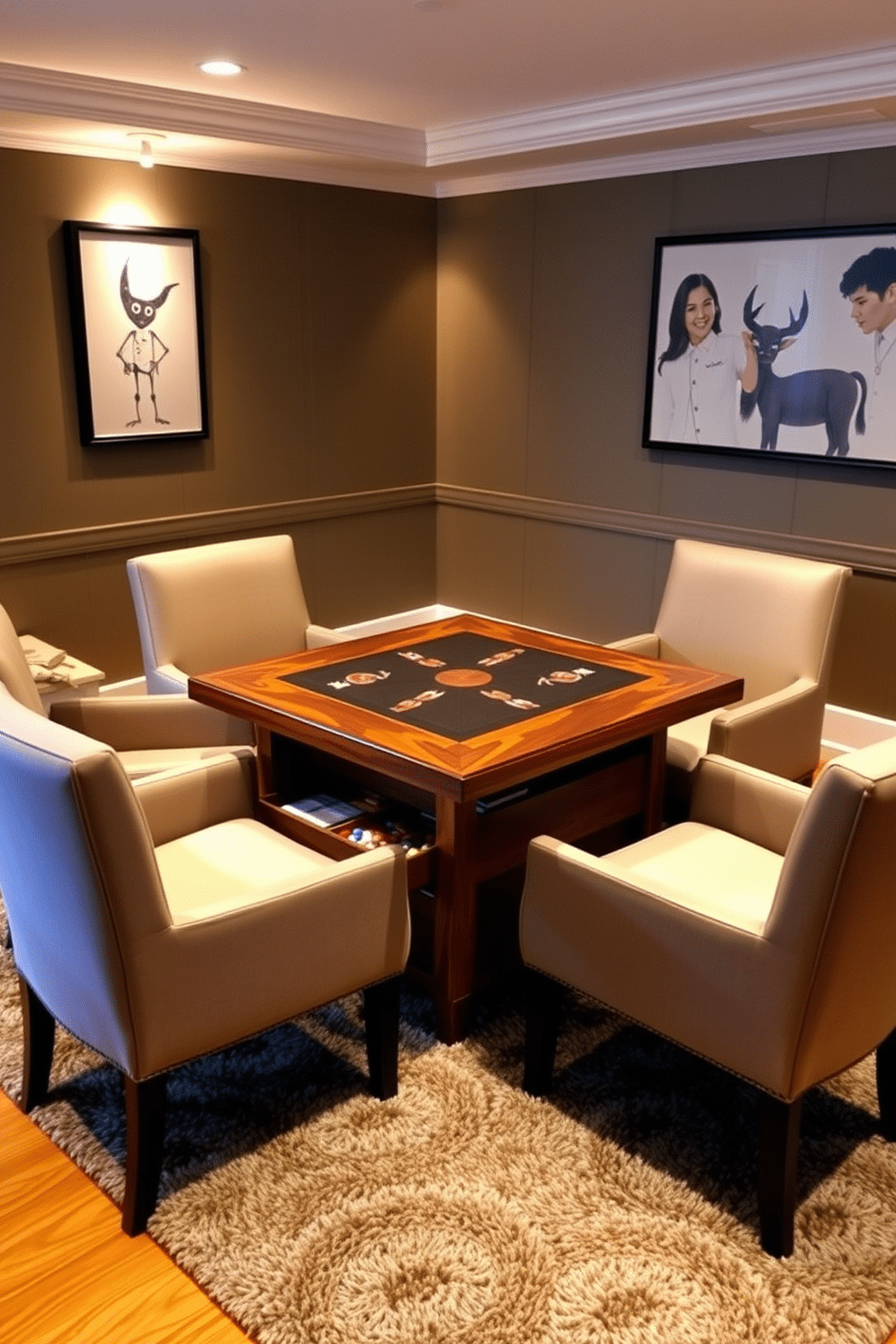 A stylish game table with built-in storage sits at the center of the room, surrounded by comfortable upholstered chairs. The table features a rich wood finish, and the storage compartments are cleverly designed to keep game pieces and accessories organized. The walls are adorned with playful artwork that reflects the spirit of friendly competition, while ambient lighting creates a warm and inviting atmosphere. A plush area rug anchors the space, adding texture and comfort underfoot for long game nights.