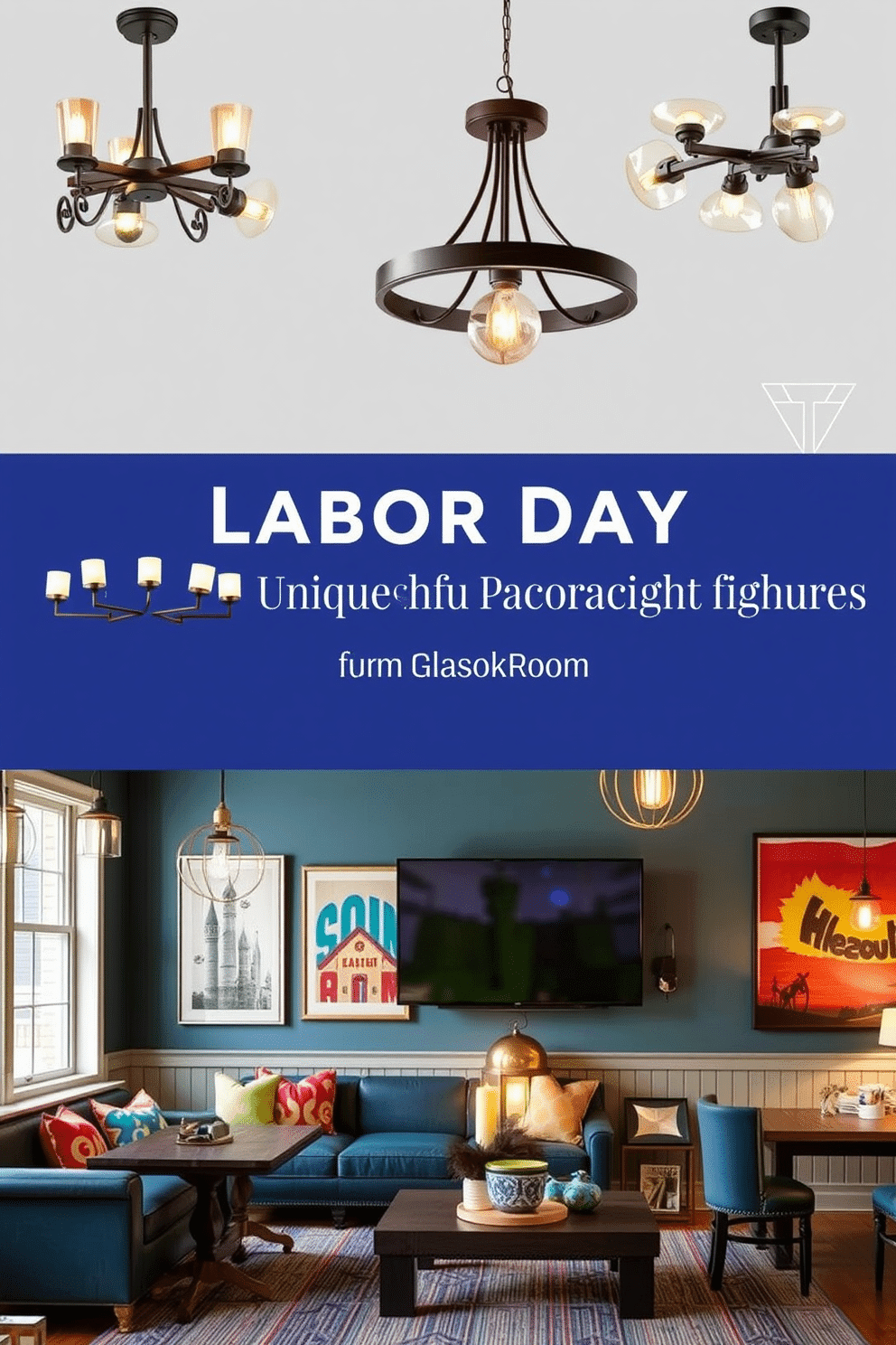 A collection of unique light fixtures designed to add character to any space. Each fixture showcases a blend of modern and vintage styles, featuring intricate designs and warm lighting. Creative decorating ideas for a Labor Day game room that invites relaxation and fun. The space incorporates comfortable seating, vibrant colors, and playful decor elements that celebrate the holiday spirit.