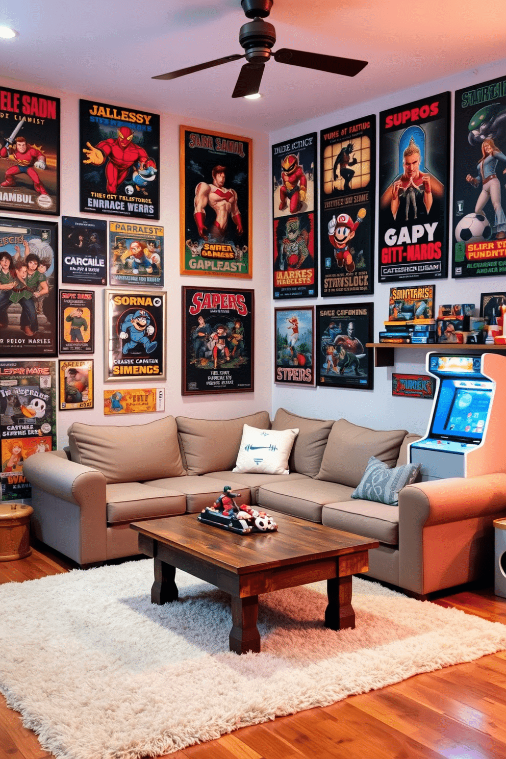 A cozy game room filled with vintage game posters adorning the walls, showcasing classic video games and iconic characters. The room features a comfortable sectional sofa, a rustic wooden coffee table, and a retro arcade machine in the corner. Soft ambient lighting highlights the posters, creating a nostalgic atmosphere. A plush area rug anchors the space, while shelves display collectible figurines and board games for a playful touch.