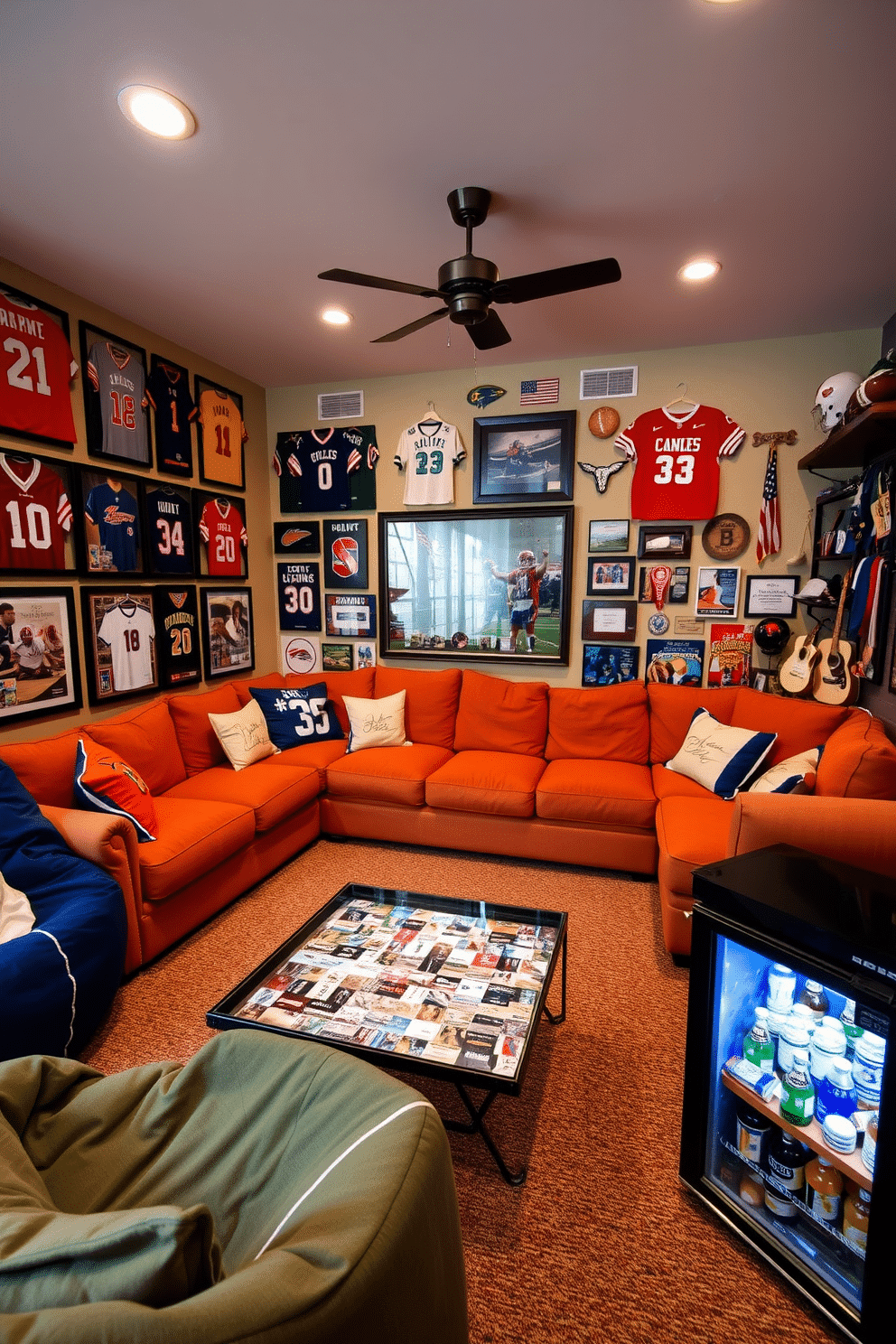 A vibrant game room filled with sports memorabilia that showcases team spirit. The walls are adorned with framed jerseys, signed photographs, and a collection of vintage sports equipment. Comfortable seating arrangements include a large sectional sofa in team colors and a couple of bean bags for a relaxed atmosphere. A custom coffee table features a glass top with a collage of memorable game tickets and a mini fridge stocked with drinks for game day.