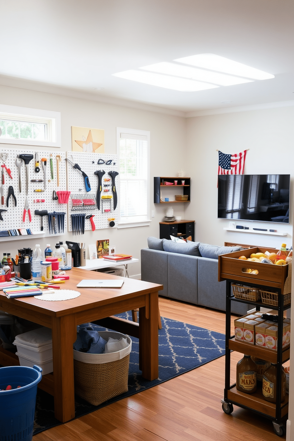 A cozy DIY craft corner filled with natural light. There are a large wooden table covered with colorful supplies and a pegboard on the wall displaying tools and materials. A vibrant game room designed for Labor Day celebrations. The space features a sectional sofa, a large flat-screen TV, and a custom-built bar cart stocked with snacks and drinks.