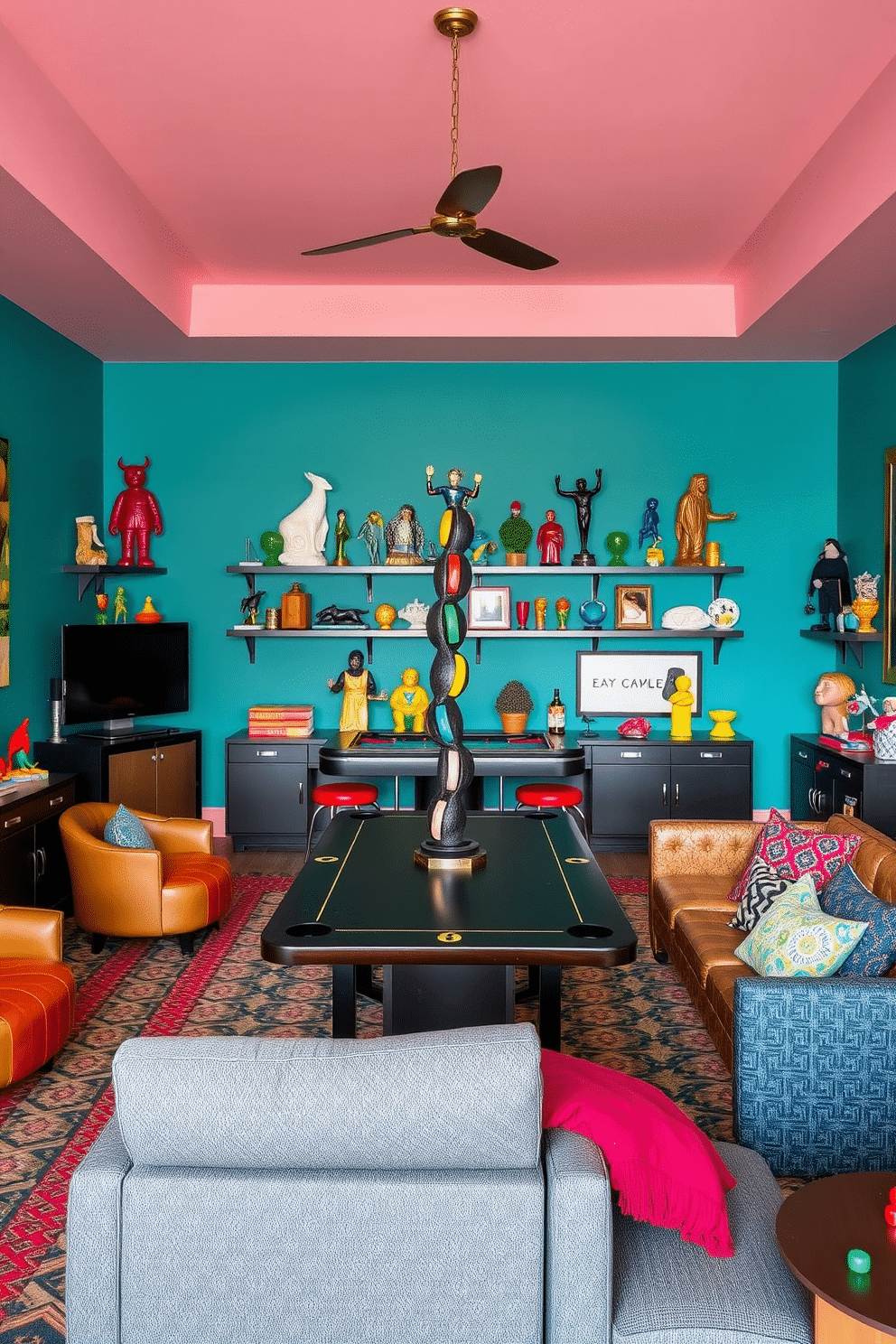 A vibrant game room filled with quirky sculptures and figurines that add personality to the space. The walls are painted in a bold color, and a mix of comfortable seating options surrounds a large gaming table. Colorful figurines are strategically placed on shelves and tabletops, creating a playful atmosphere. A unique sculpture serves as a centerpiece, drawing attention and sparking conversation among guests.