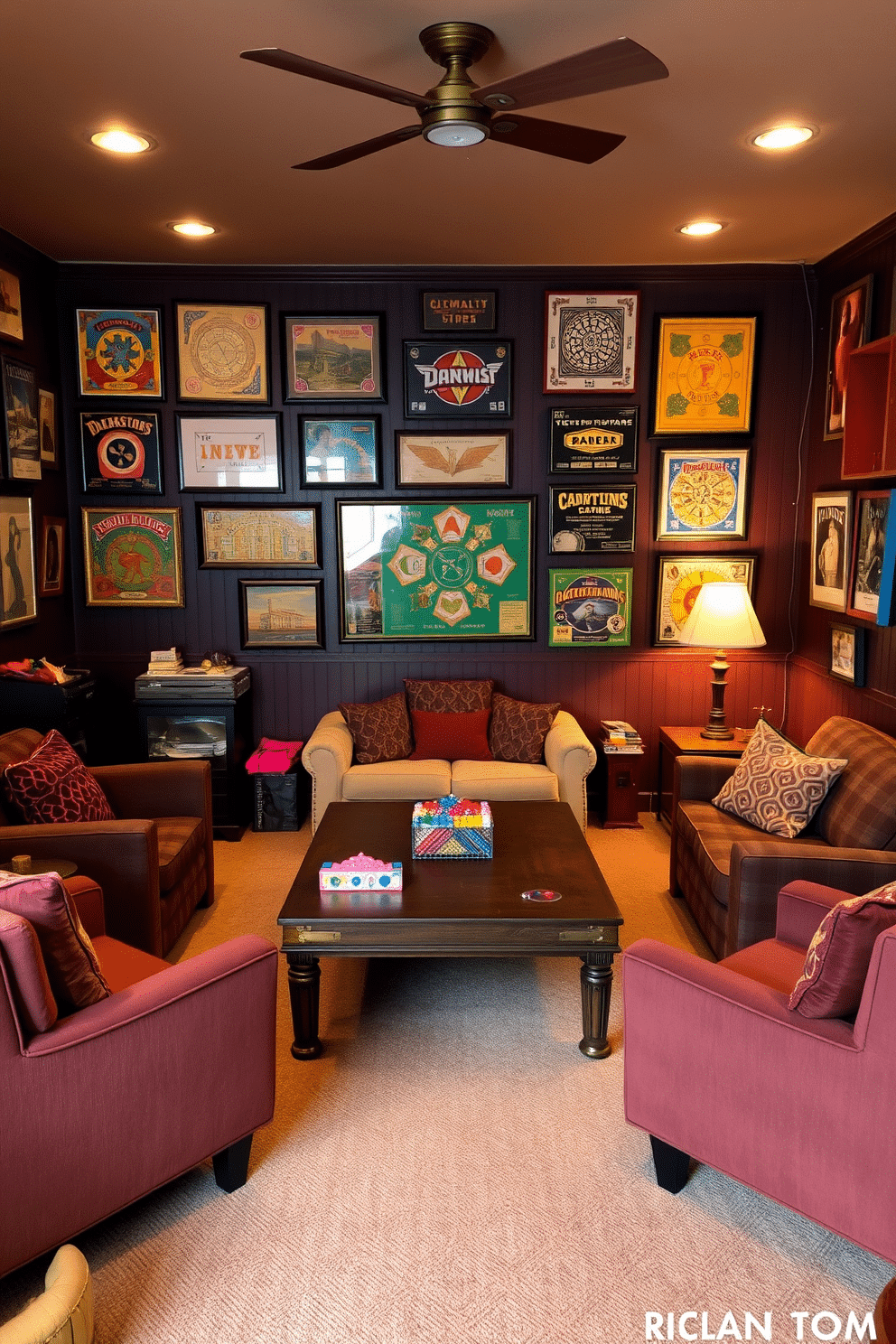 A cozy game room featuring vintage board games displayed as art on the walls. The room is filled with comfortable seating and warm lighting, creating an inviting atmosphere for gatherings. The decor includes a mix of retro furniture and colorful game pieces, enhancing the playful vibe. A large coffee table in the center is surrounded by plush armchairs, perfect for enjoying game nights with friends and family.