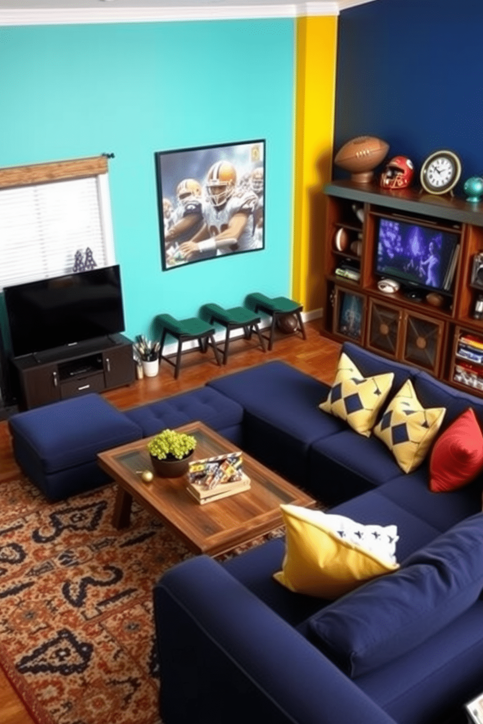 Bright accent walls to energize space. The walls are painted in vibrant colors like teal and sunny yellow, creating a lively atmosphere that enhances creativity and positivity. Labor Day Game Room Decorating Ideas. The room features a large sectional sofa in a rich navy fabric, complemented by a rustic wooden coffee table and an entertainment center filled with games and sports memorabilia.