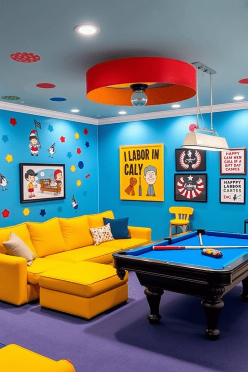 A vibrant game room filled with playful wall decals featuring colorful shapes and cartoon characters. The walls are painted in a bright blue hue, creating an energetic atmosphere perfect for relaxation and fun. In the center of the room, a large sectional sofa in a bold yellow fabric invites guests to sit and enjoy. A pool table occupies one corner, surrounded by playful artwork and themed decor that celebrate Labor Day festivities.