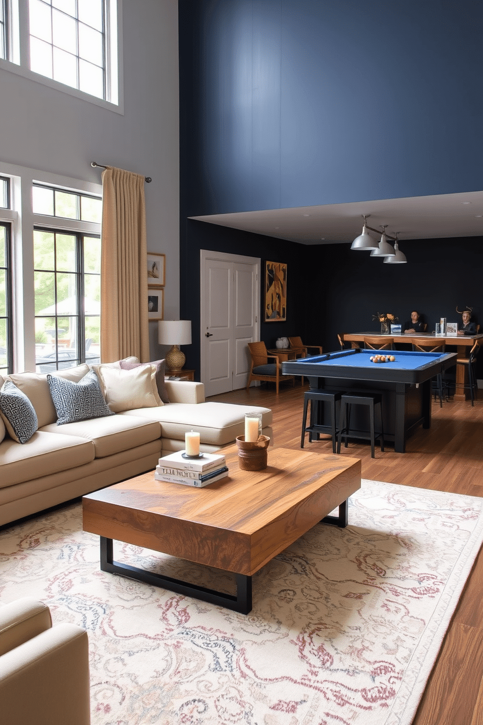 A comfortable lounge area for relaxation features a plush sectional sofa in soft beige fabric. A large area rug anchors the space, while a coffee table made of reclaimed wood sits in the center, adorned with a few decorative books and a scented candle. Labor Day game room decorating ideas include a sleek pool table surrounded by stylish bar stools. The walls are painted a deep navy blue, and vibrant artwork adds a pop of color, creating an inviting atmosphere for entertaining friends and family.