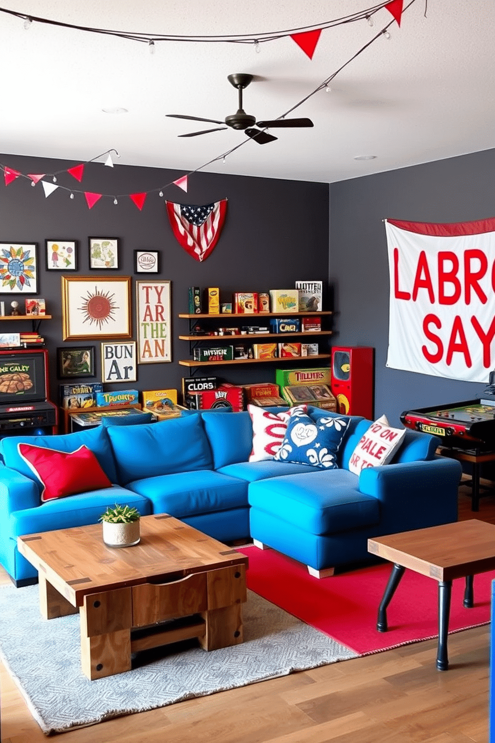 A vibrant game room filled with interactive games for all ages. The space features a large sectional sofa in a bright color, a coffee table made of reclaimed wood, and walls adorned with playful art and shelves displaying board games. For Labor Day, the game room is decorated with festive red, white, and blue accents. String lights hang overhead, and a large banner celebrating the holiday is displayed on one wall, creating a cheerful and inviting atmosphere.