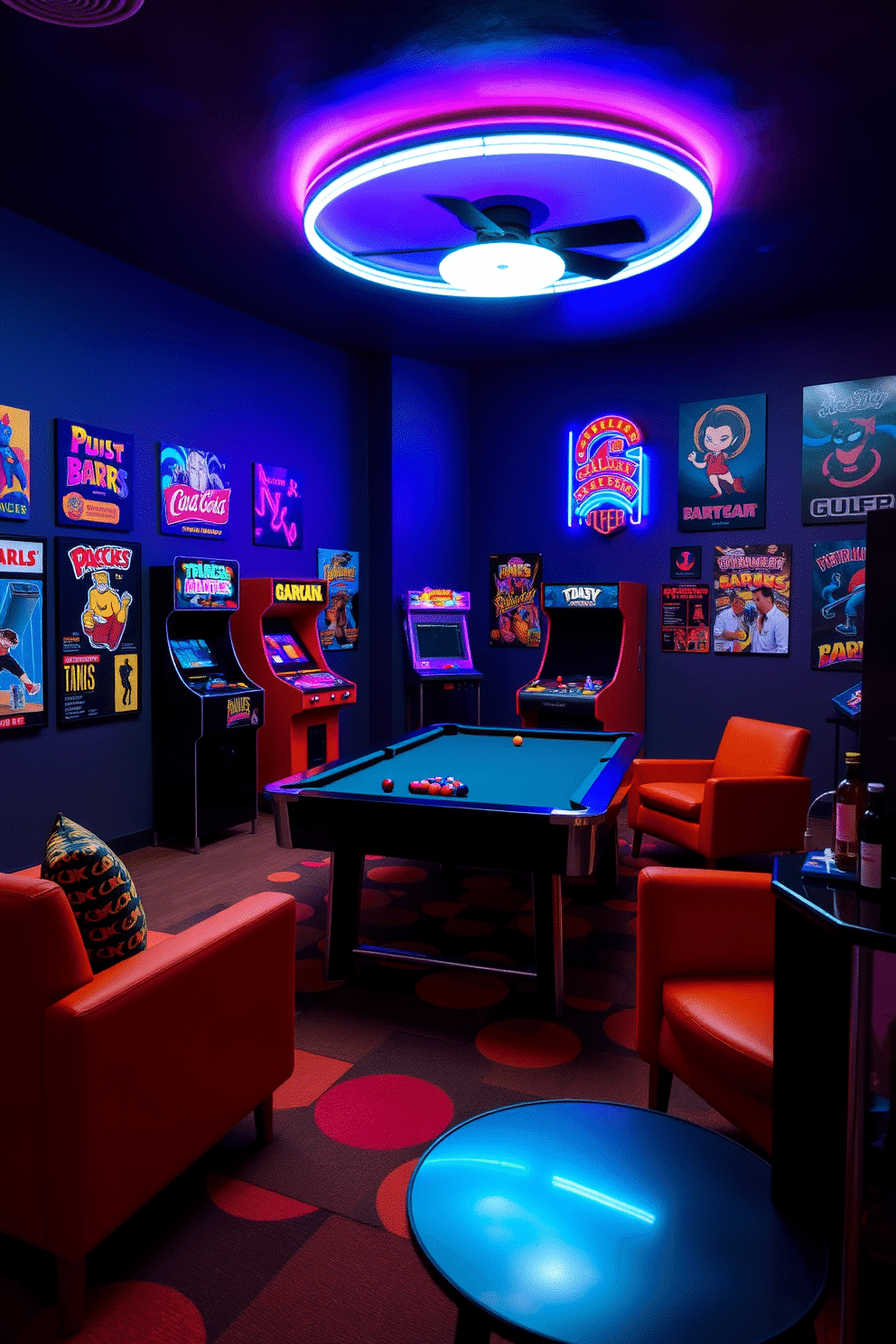 Bright neon lights illuminate the game room, casting a vibrant glow across the space. The walls are adorned with colorful posters of classic arcade games, creating a lively atmosphere. A sleek pool table takes center stage, surrounded by comfortable lounge chairs in bold colors. The floor features a stylish carpet that ties the room together, while a mini bar stocked with snacks and drinks adds to the festive vibe.