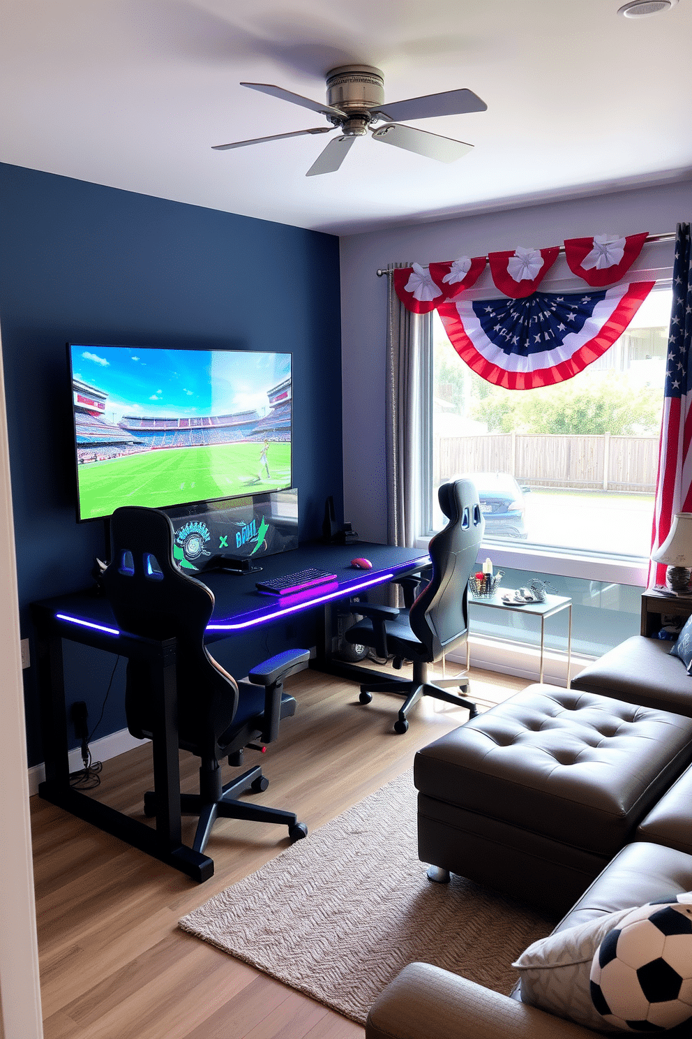 A modern portable gaming station designed for versatility. The setup includes a sleek gaming desk with built-in LED lighting and comfortable ergonomic chairs, positioned near a large window for natural light. Labor Day game room decorating ideas that create a festive atmosphere. Incorporate vibrant colors with themed decorations, comfortable seating, and a large screen for gaming or watching sports with friends.